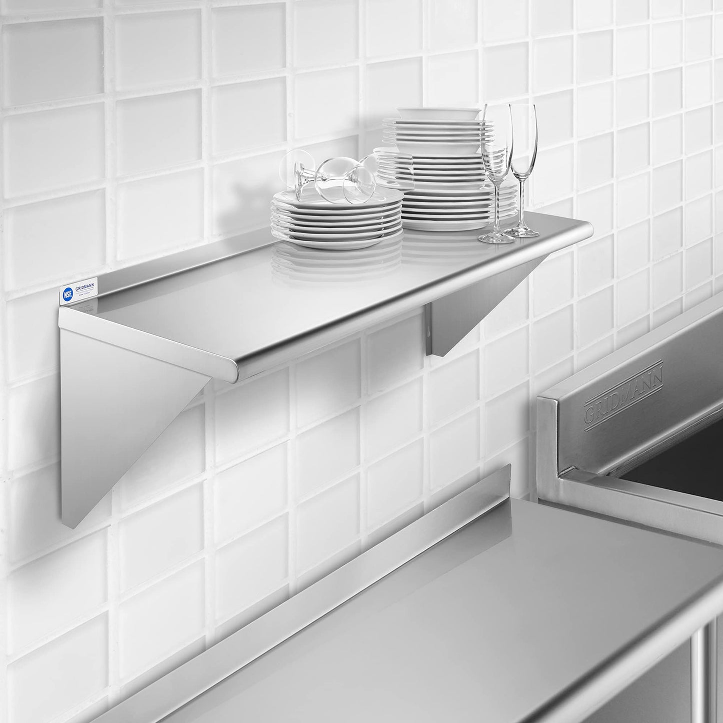 GRIDMANN 18" x 48" Stainless Steel Wall Mount Shelf with Backsplash, Commercial Grade - NSF Certified 18 Gauge Shelving for Restaurant, Kitchen, Utility Room, Garage