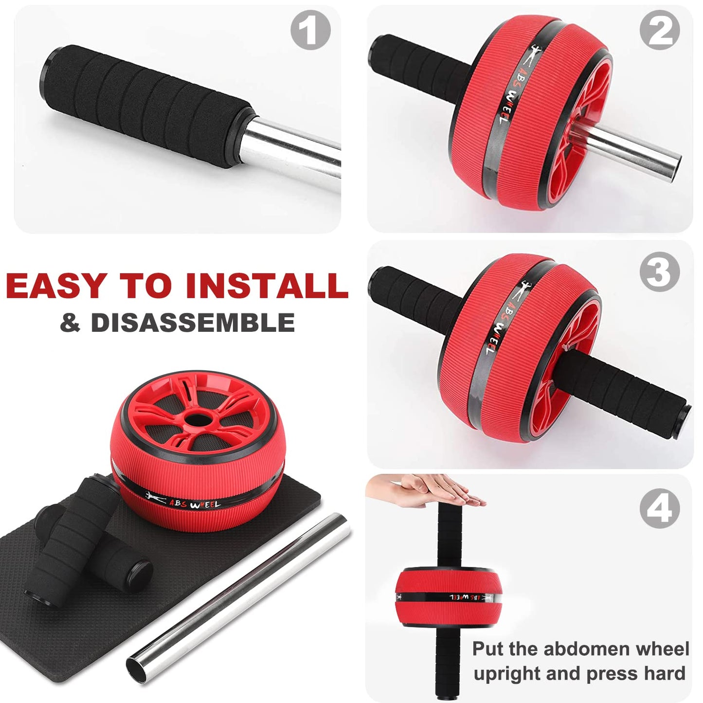 Bssay Ab Roller Wheel, Abs Workout Equipment for Abdominal & Core Strength Training, Exercise Wheels for Home Gym Fitness, Wider Ab Machine with Knee Pad Accessories Red-no resistance rope