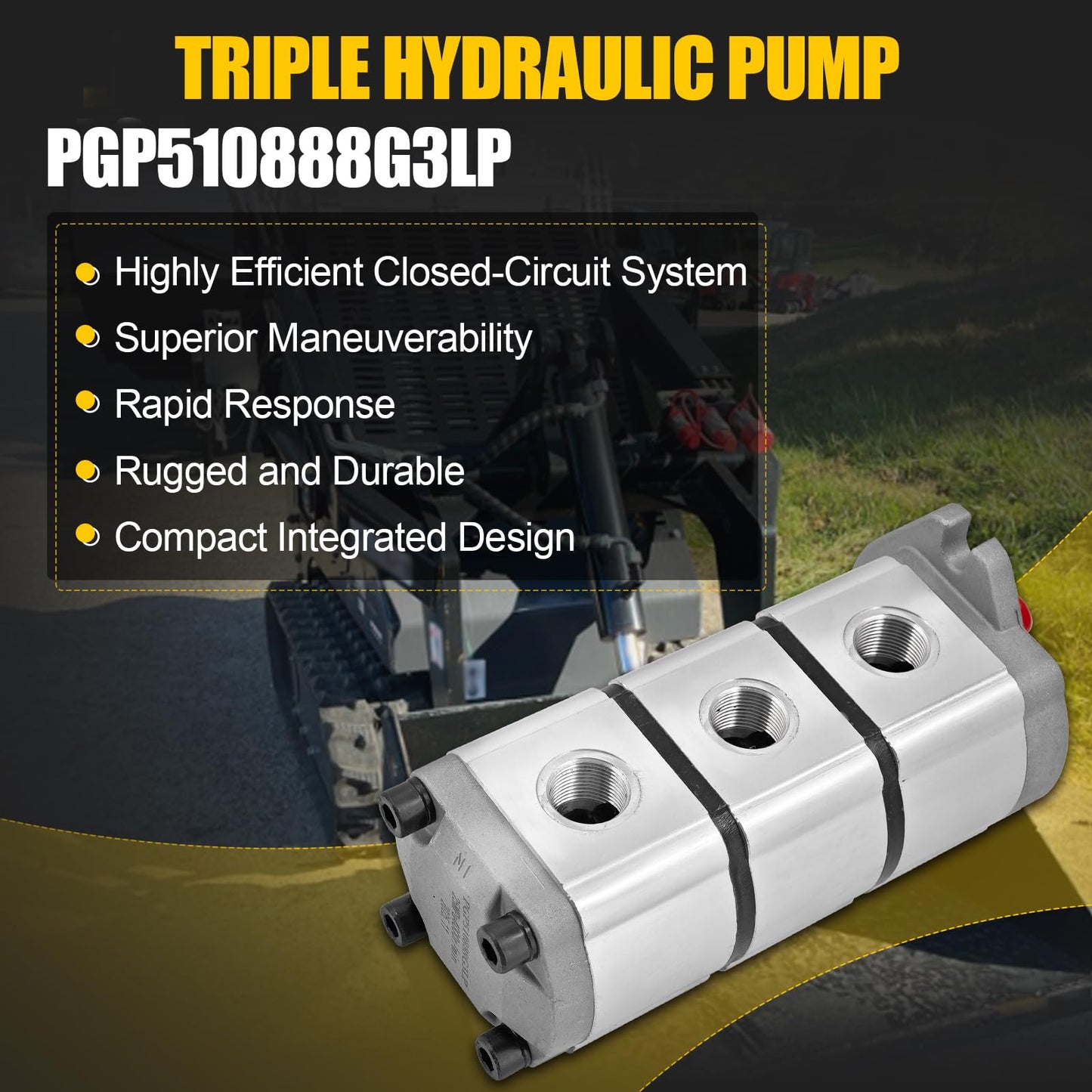 PGP510888G3LP Triple Hydraulic Pump, Fast Response Hydraulic Gear Pump for Skid Steer Loader