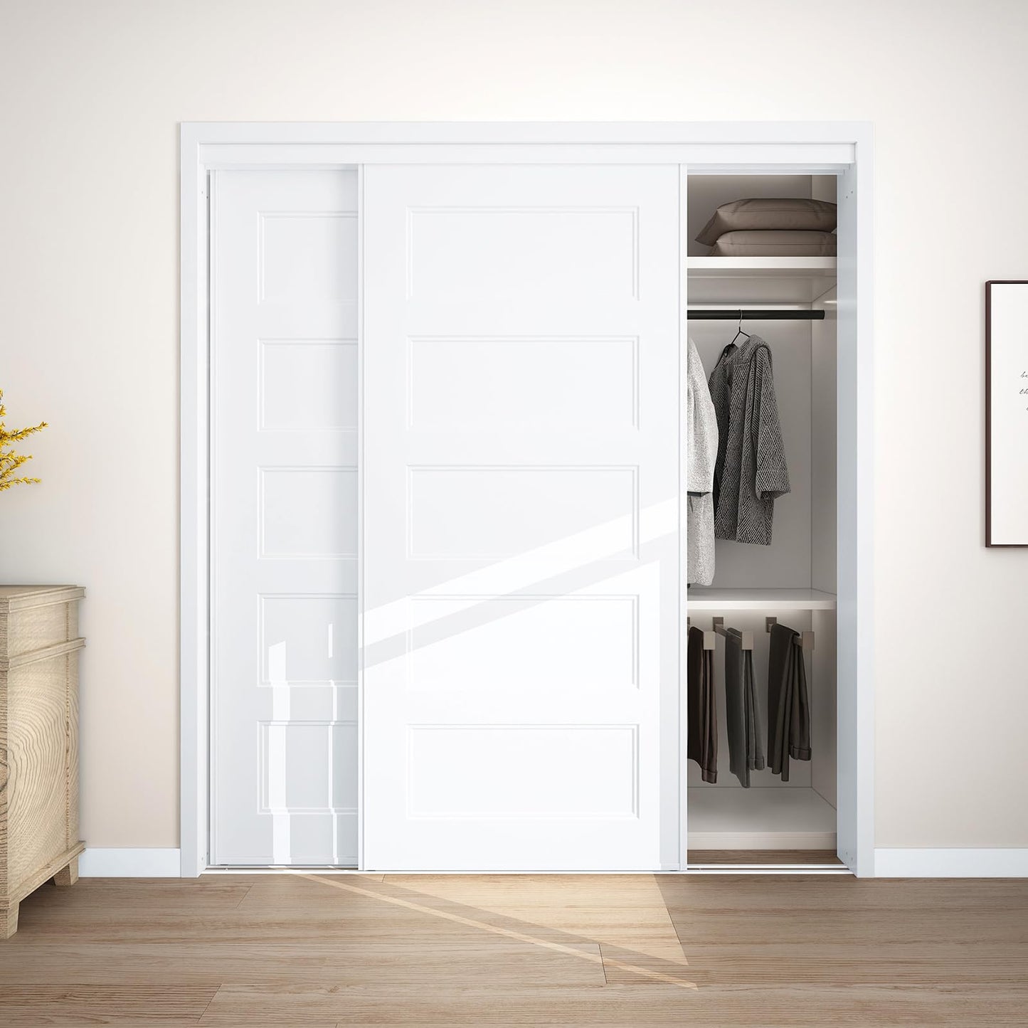 JUBEST Sliding Closet Door 72"(Double 37") x80, 5-Panel Steel Frame Bypass Primed Door with Top & Bottom Track Kits, Pre-Assembled Hardboard Panels with Paintable Surface, Durable & Sturdy