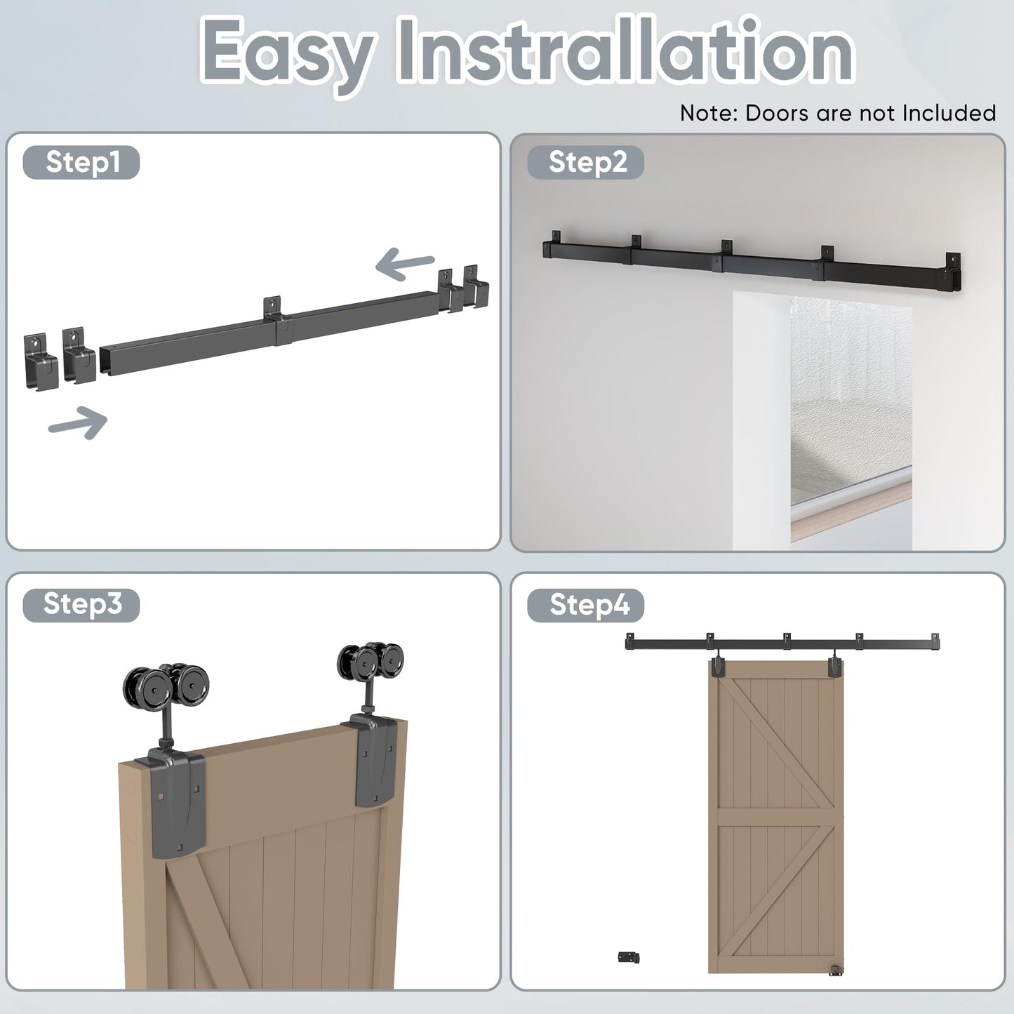 JUBEST 8FT Box Rail Exterior Barn Door Hardware Kit, Heavy-Duty Black Sliding Barn Door Track System, Wall Mount Door Hardware Kits (Door Not Included)