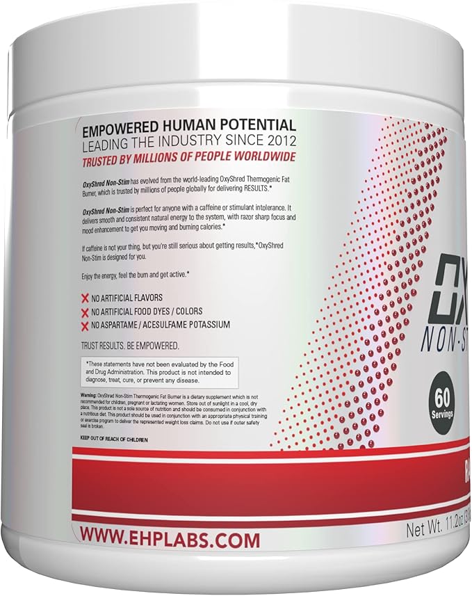 EHP Labs OxyShred Non Stimulant Pre Workout Powder - Stim Free, Caffeine Free Preworkout for Men & Women - Non Stim Preworkout - Sugar Free Energy Powder - Raspberry, 60 Servings