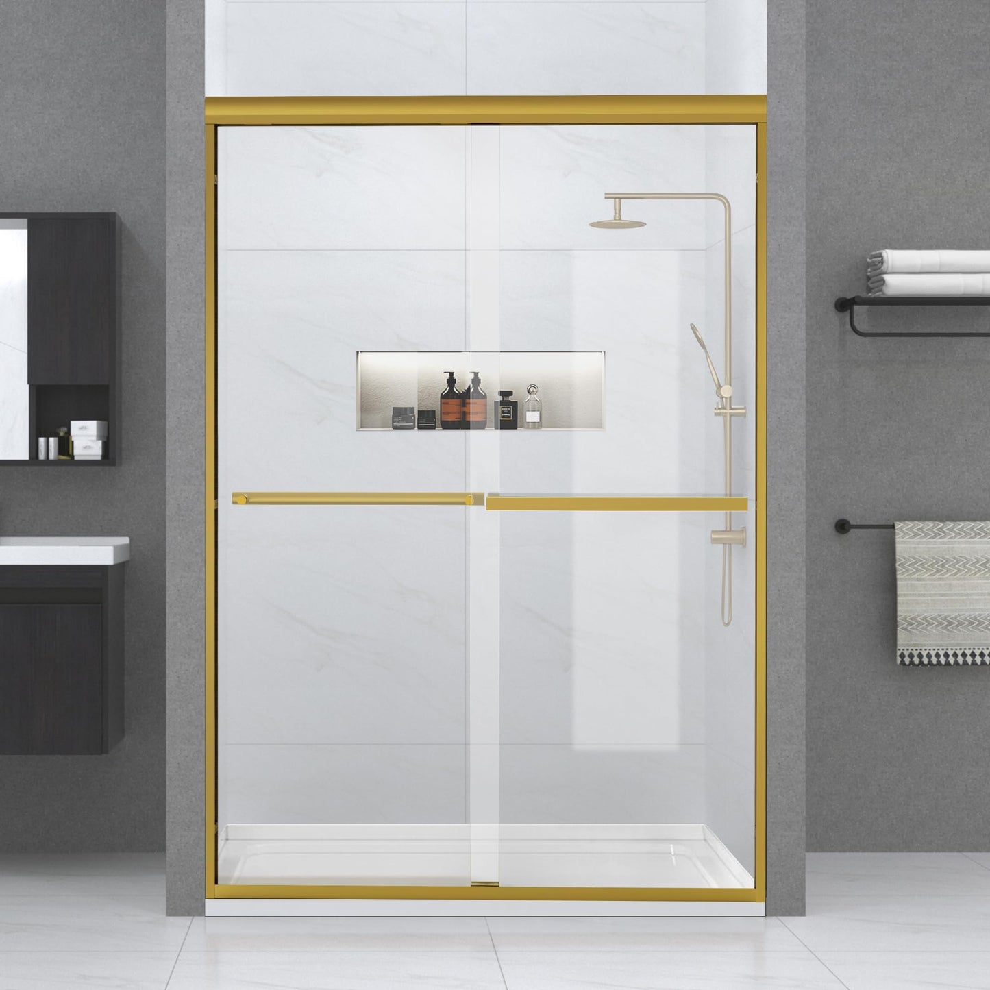 Bathroom Shower Sliding Door, 50"-54" W×72" H Framed Fixed Door for Shower Enclosure, 1/4"(6mm) Thick Clear Tempered Glass with Handles, Brushed Gold Finish
