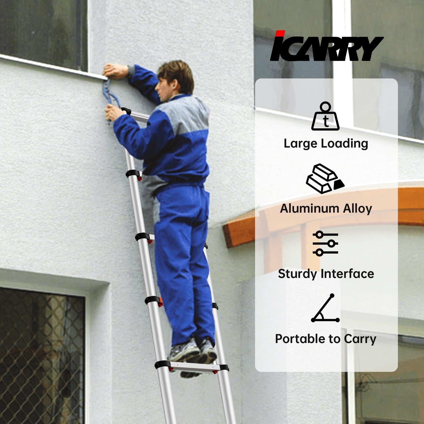 ICARRY Telescopic Ladder 12.9 FT Extension Ladder Aluminum Lightweight Telescopic Ladders, Multi-Purpose Collapsible Extension, Soft Close Design, 300lb Capacity,Ideal for Home, RV, and Outdoor Work