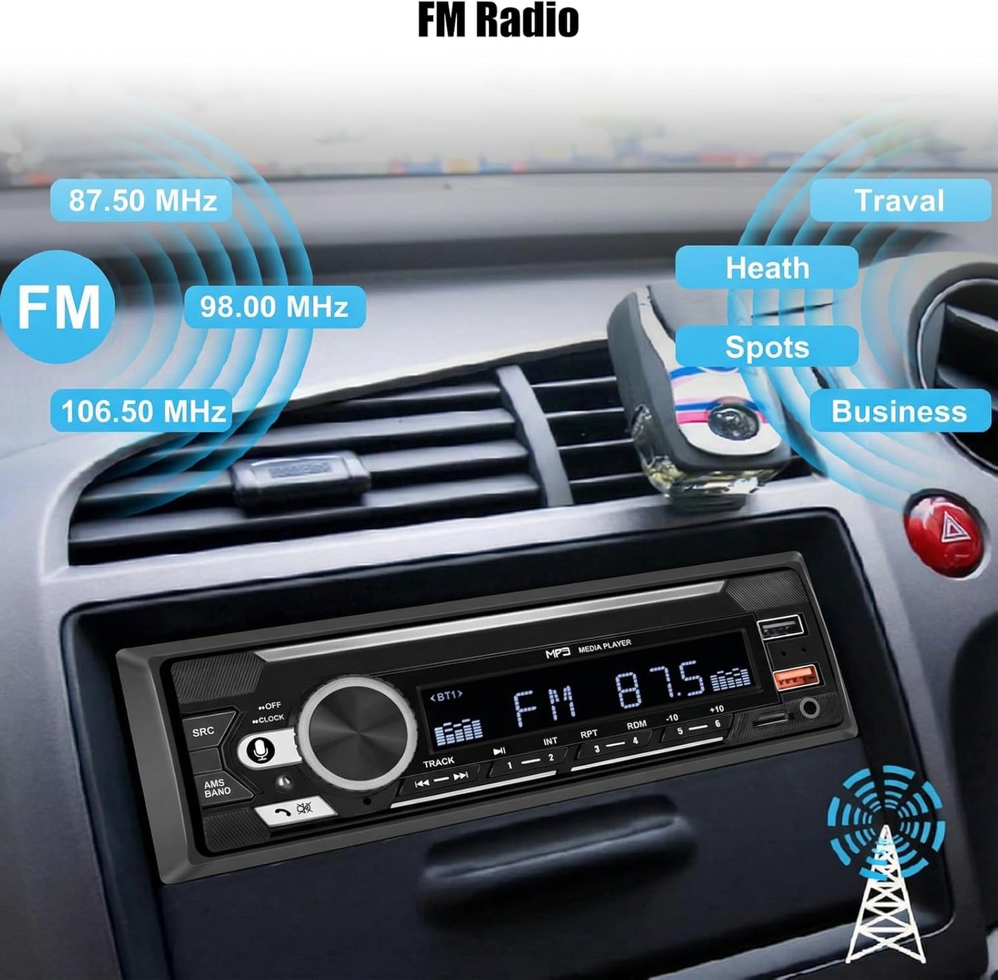 SIXTOP MP3 Single Din Bluetooth Car Radio Stereo Hands-Free Calls Push to Talk Voice Assistant Multimedia Audio System