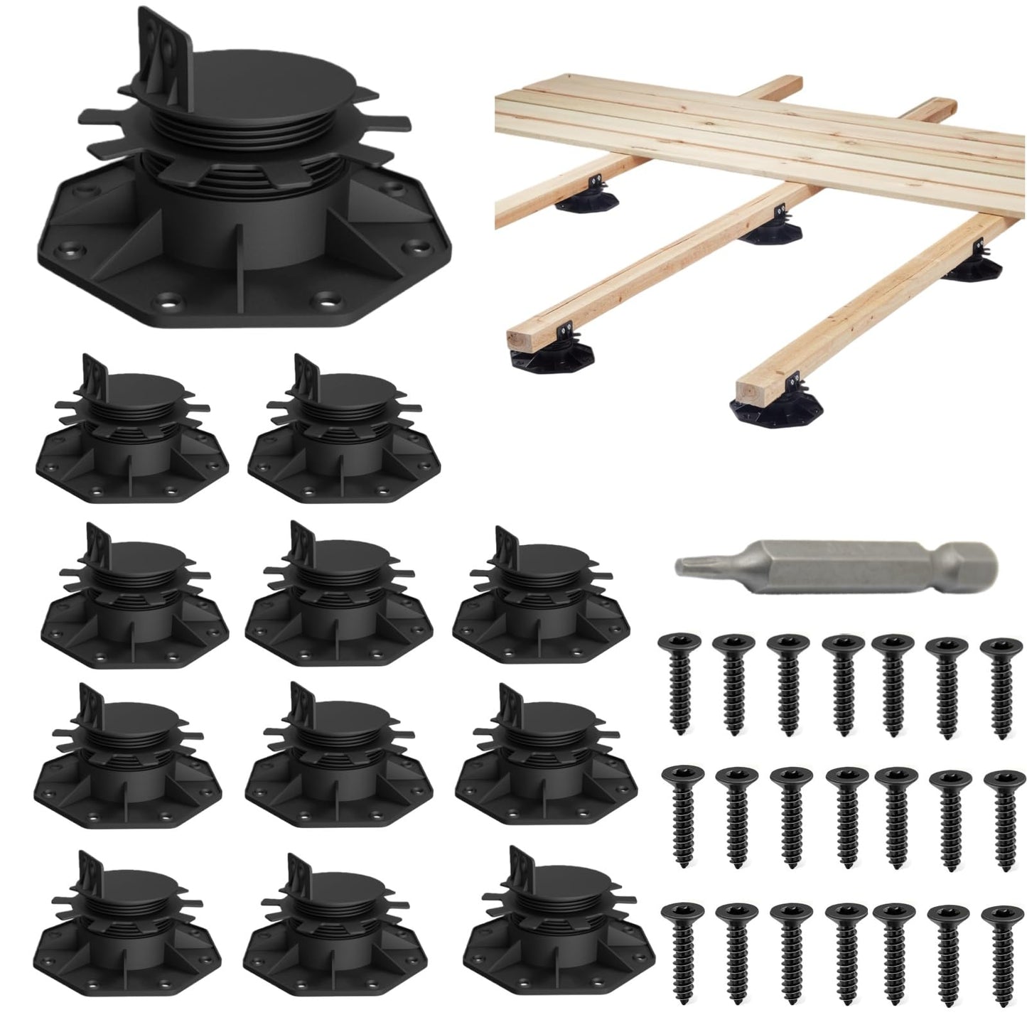 Deckit 12-Pack Adjustable Deck Support Pedestals, 1.18"–2.36" (30–60 mm), for 2×4 & 2×6 Joist Framing, Ground Support & Leveling for Patio, Shed Base & Floating Deck Includes Screws