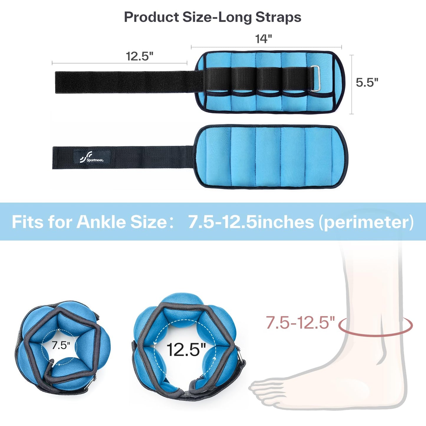 Sportneer Adjustable Ankle Weights Set - 1 Pair (2-10 lbs) Removable Sandbags for Women & Men, Comfortable Neoprene Leg Weights for Walking, Running, Pilates, Yoga, Home Workout & Physical Therapy