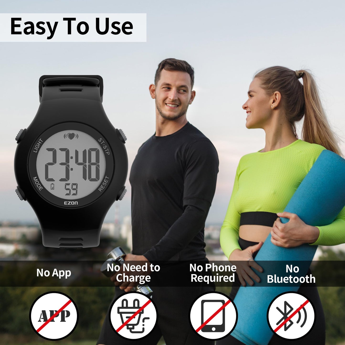 EZON Heart Rate Monitor Chest Strap and Digital Watch,5ATM Waterproof Fitness Tracker with HRM,Calories Burned,Stopwatch and Hourly Chime - Ideal Fitness Presents for Men and Women (Black)