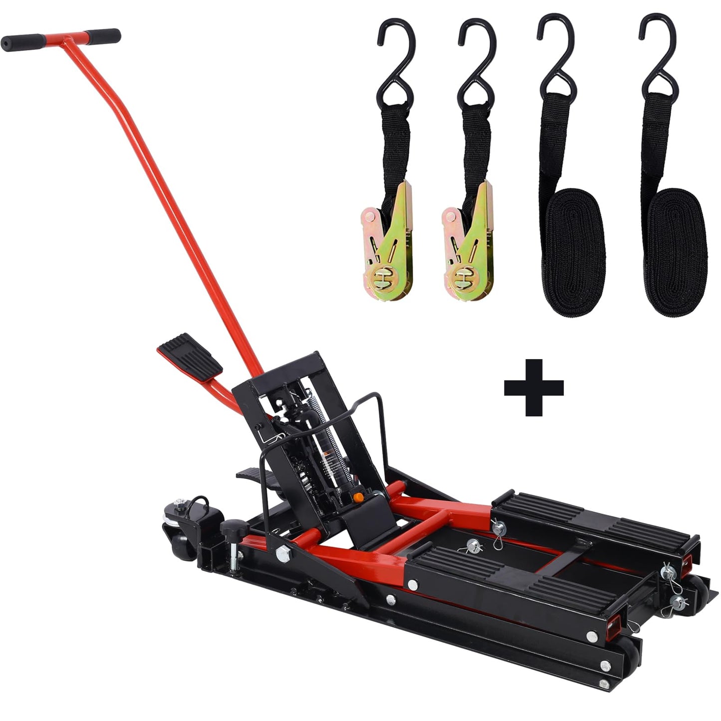 SPOFLYINN Hydraulic Motorcycle Lift Jack Foot-Operated Motorcycle Lift Table with 4 Wheels 1500 LBS Capacity 4.5" - 15" Lifting Range Black+red