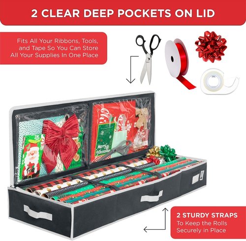 HOLDN' STORAGE Premium Wrapping Paper Storage Container - Durable 600D Tear-Proof Design | Fits 27 Rolls with Extra Pockets for Ribbons & Bows - Ideal Underbed Storage for Holidays, Black/White Trim