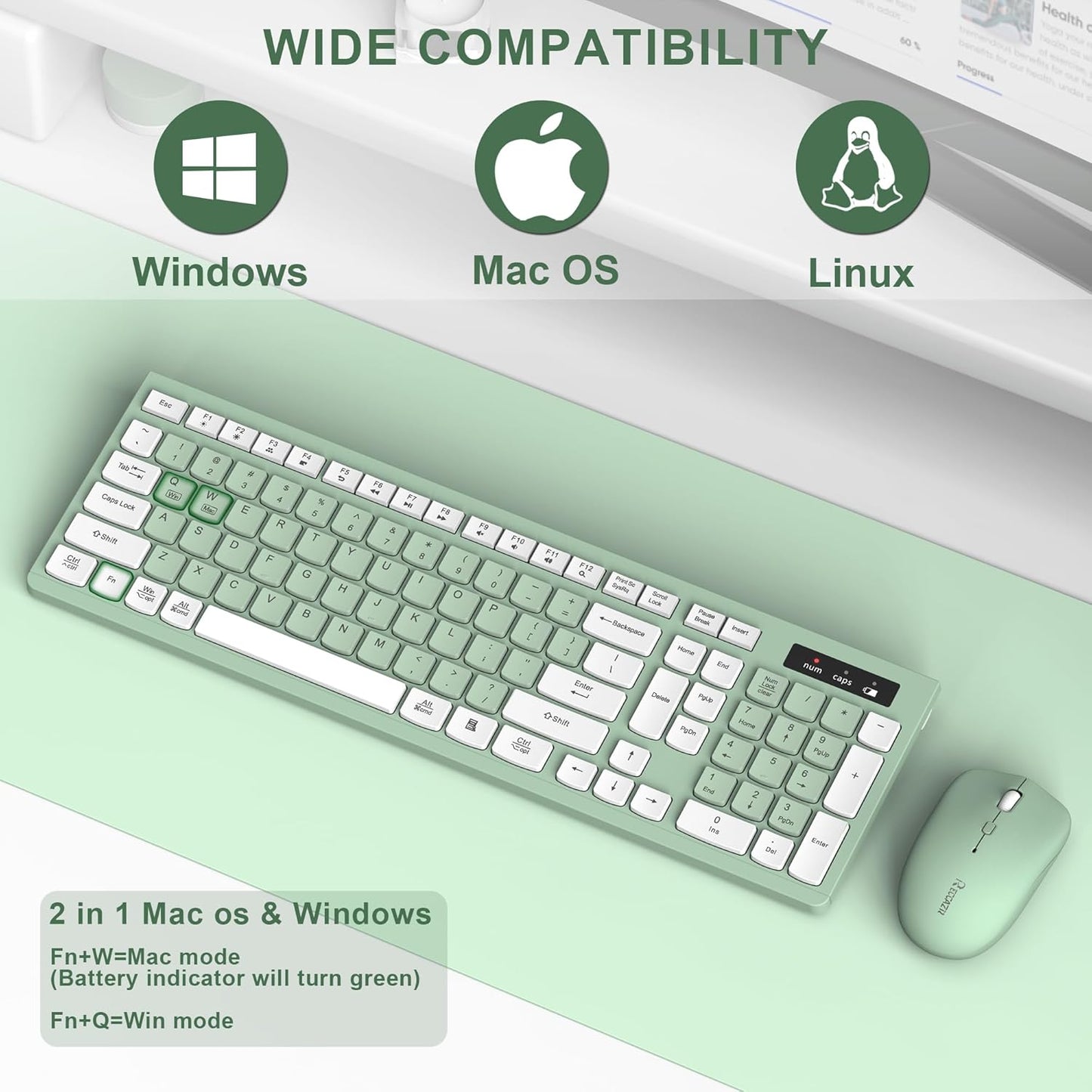 RECCAZR 2.4GHz Wireless Keyboard and Mouse Combo, Full-Sized Wireless Keyboard and Adjustable DPI Mouse, USB Receiver