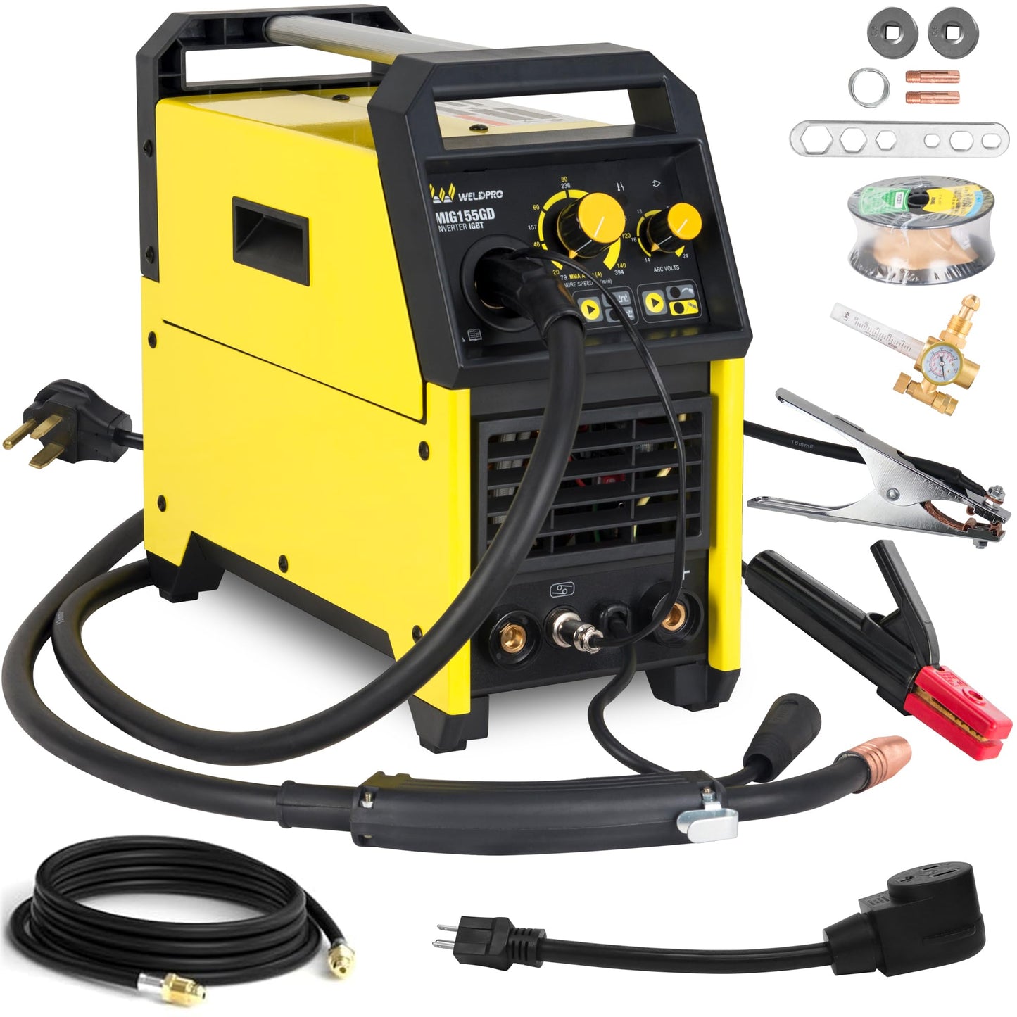 Weldpro 155A MIG Welder, 4 in 1 Welding Machine，Flux Core MIG/Gas MIG/Aluminum Spool Gun/MMA/Stick Welder, 110V/220V Welder Machine with Synergy, IGBT Inverter Portable Welder Equipment for Beginner