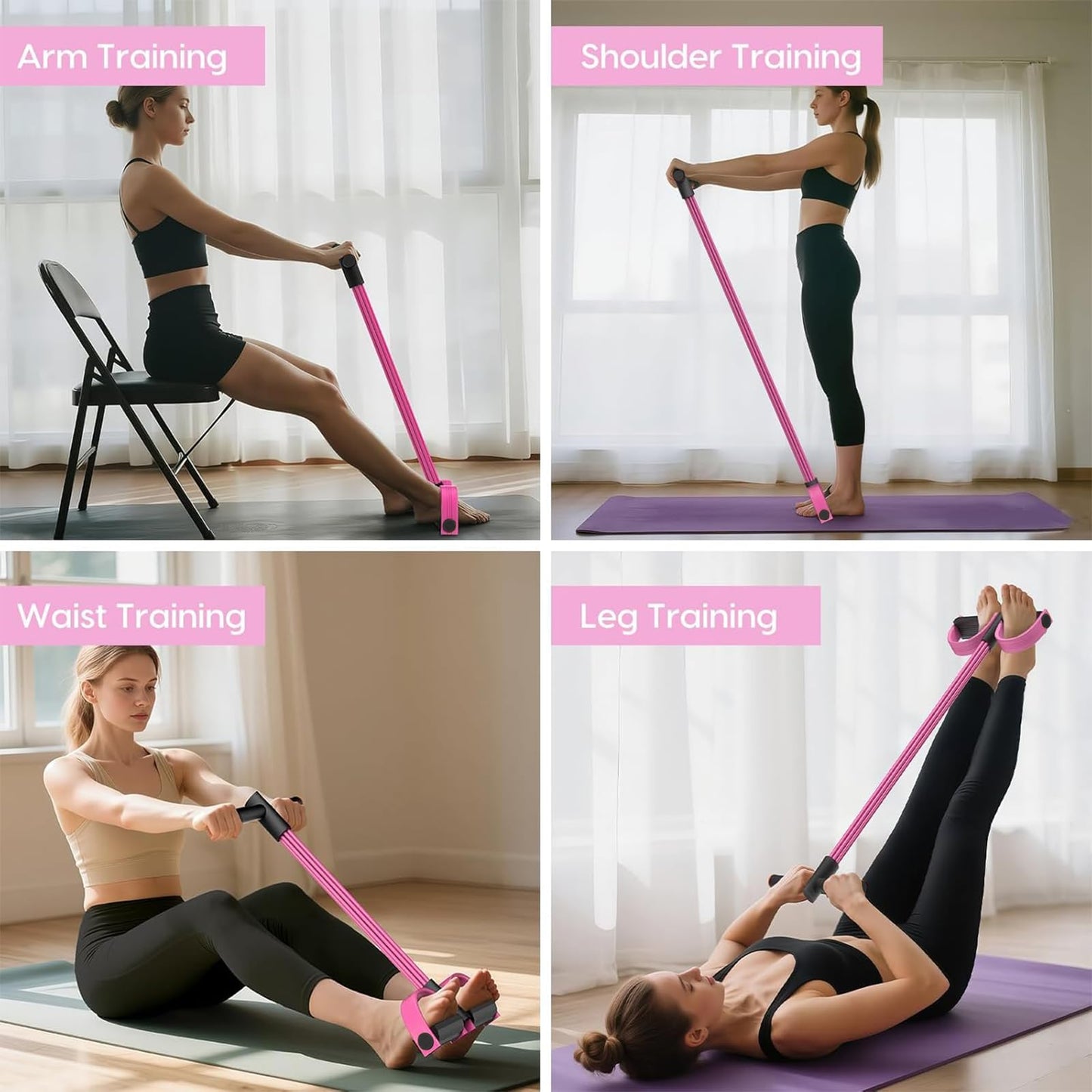 6-Tube Pedal Resistance Band for Women,Fixed High Resistance Foot Pedal Exerciser,Anti-Snap Home Gym Workout Equipment for Abdomen,Waist,Arm,Leg,Glutes,Full Body Toning & Strength Training (Pink)