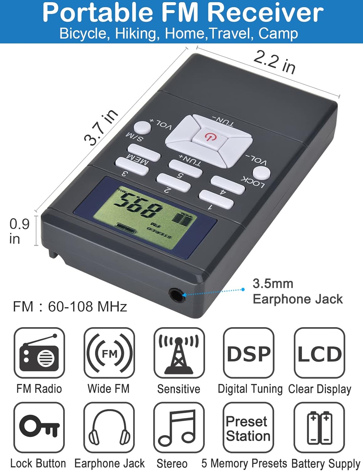 ZHIWHIS Mini Portable FM Radio, Stereo LCD Digital Display Tuning Pocket Walkmen Transistor Conference Receiver