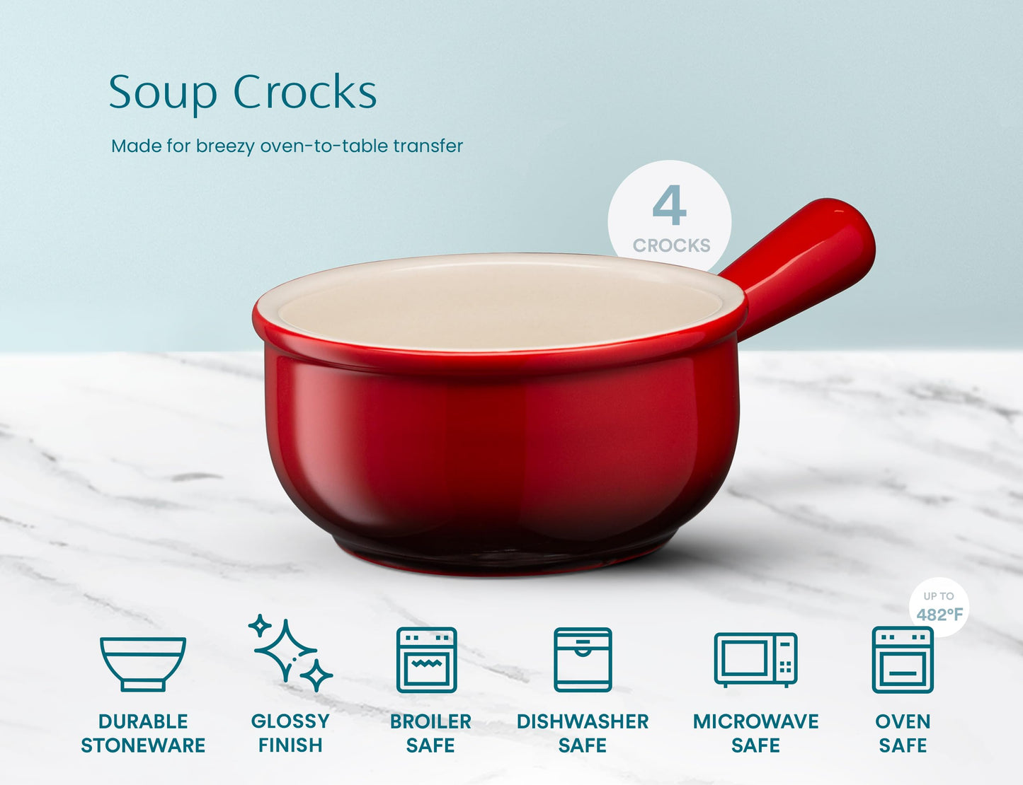 KooK French Onion Soup Bowls, French Onion Crocks, Bowl with Handles, 15 oz, Set of 4, Ceramic Bowls, Microwave, Dishwasher Safe & Oven safe, Stoneware (Red Ombre)
