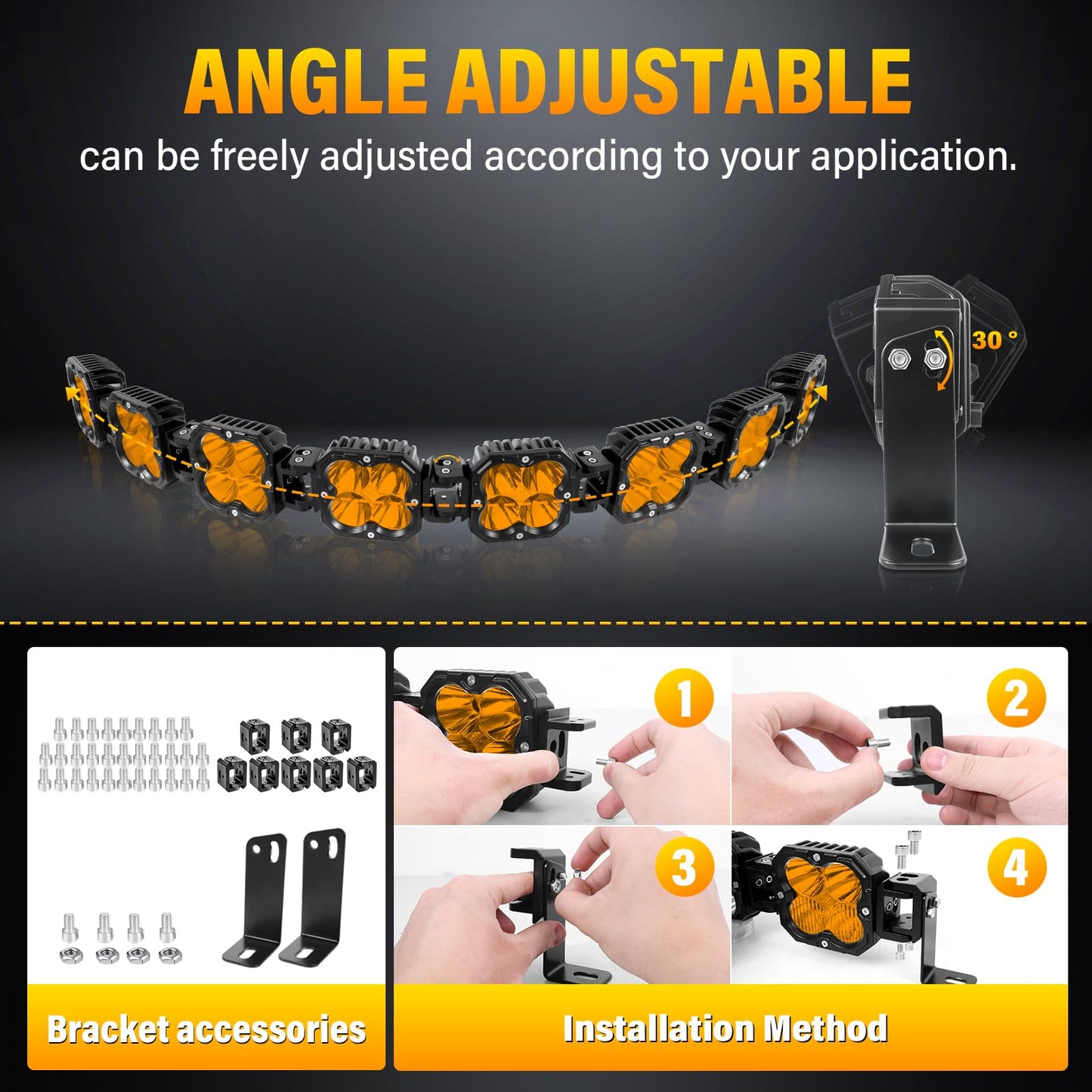 Willpower 52 inch 240W Amber Straight Curved Adjustable & Linkable LED Light Bar with Wiring, Spot Flood Beam Off Road 4X4 Driving Fog Lights for 12V 24V Vehicle 8WD Car UTV SUV Truck Tractor Trailer