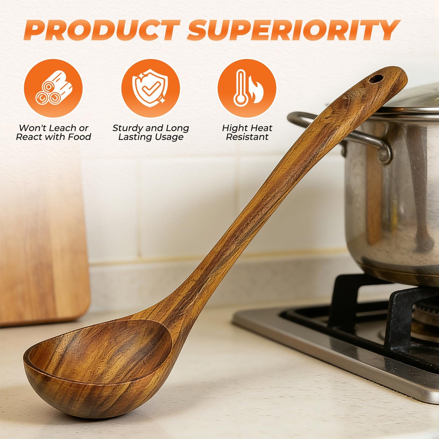Tmkit Wooden Ladle, Natural Acacia Wood Soup Spoons for Cooking, Serving, Stirring -12.9in Long, 2.5 oz Large Capacity- Premium Wooden Utensil Spoons for Mom, Wife Cooking Gifts