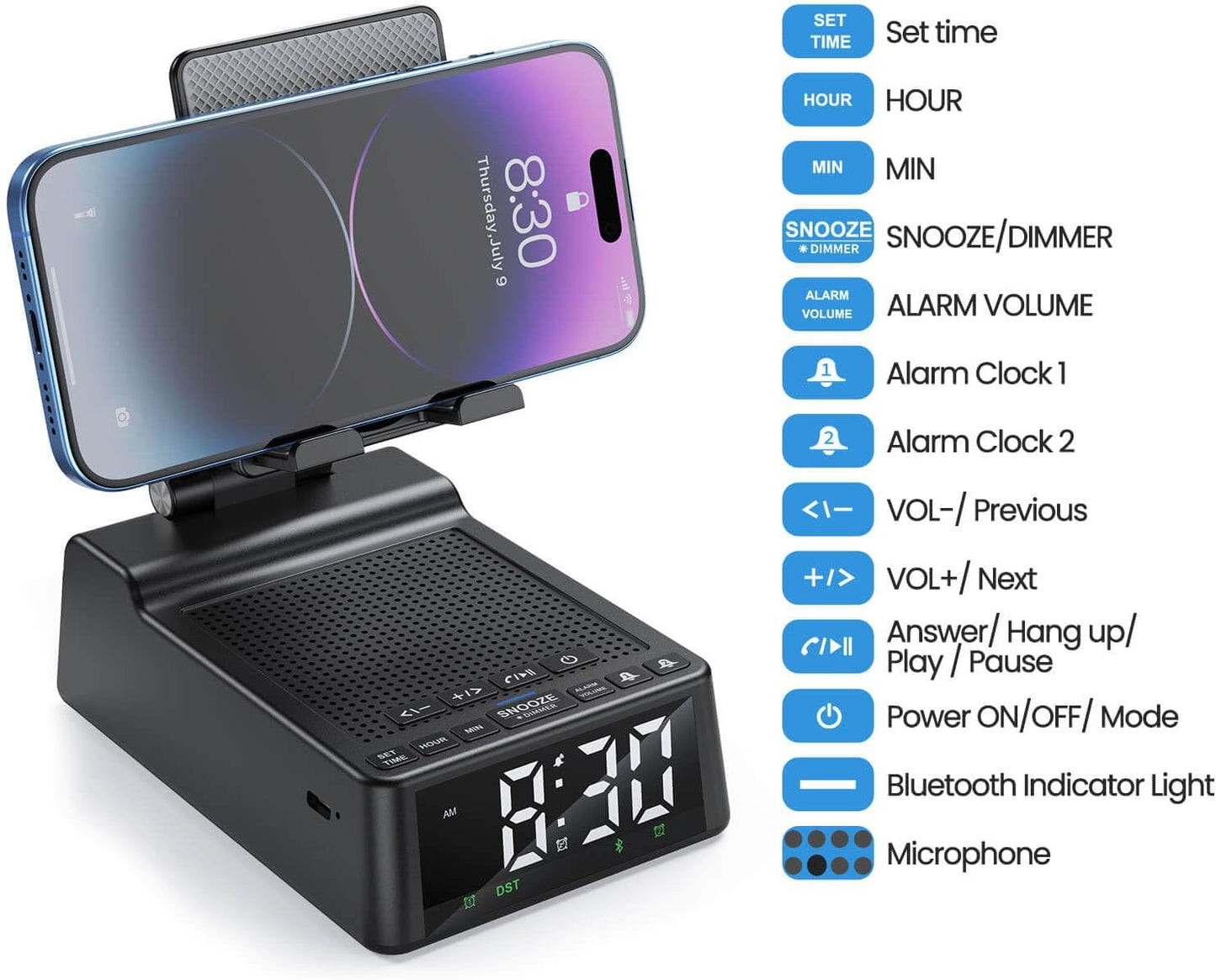 FunPay Gift for Women Men, Cell Phone Stand with Wireless Bluetooth Speaker and Alarm Clock Adjustable Cellphone Holder