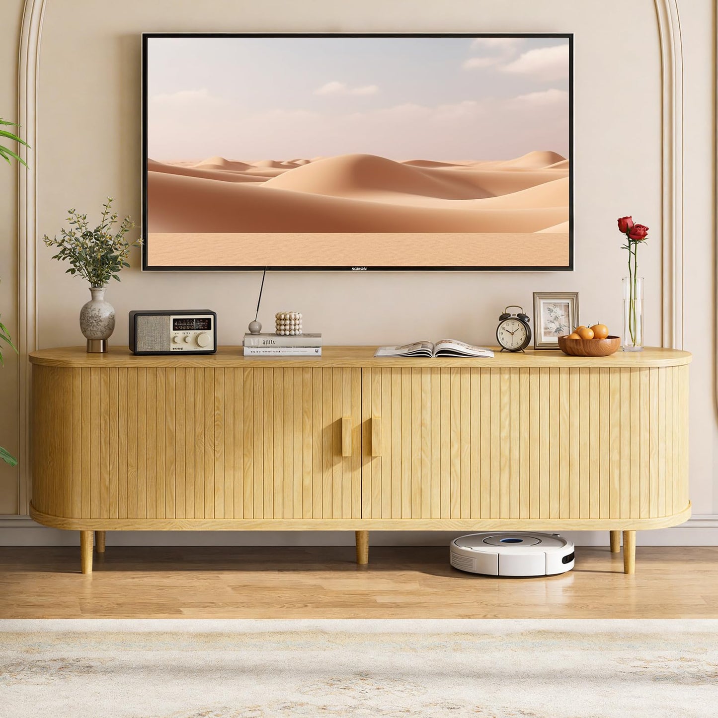 OneBlis 65" Mid Century Modern TV Stand with Power Outlet, Fluted Entertainment Center with Storage and Adjustable Shelves, Wood TV Console with Sliding Doors for Living Room, Oak
