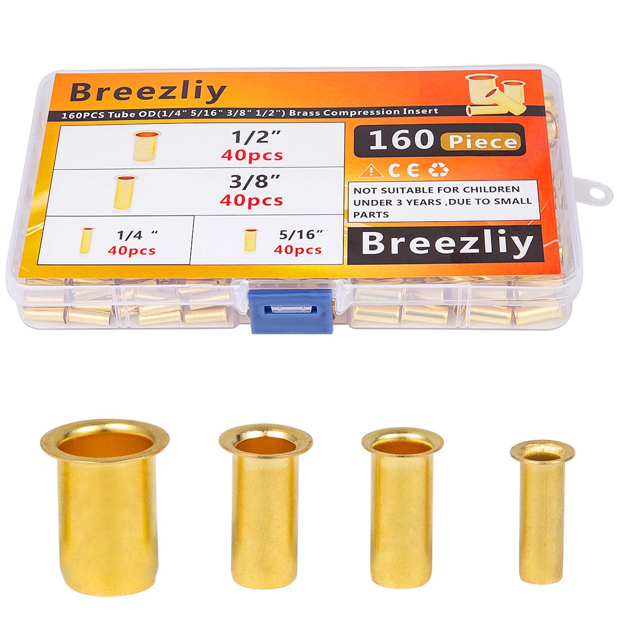 Breezliy 160pcs Tube OD(1/4" 5/16'' 3/8" 1/2") Brass Compression Insert,Brass Compression Fitting Assortment Kit, Insert Tube Support Compression Sleeve Fitting