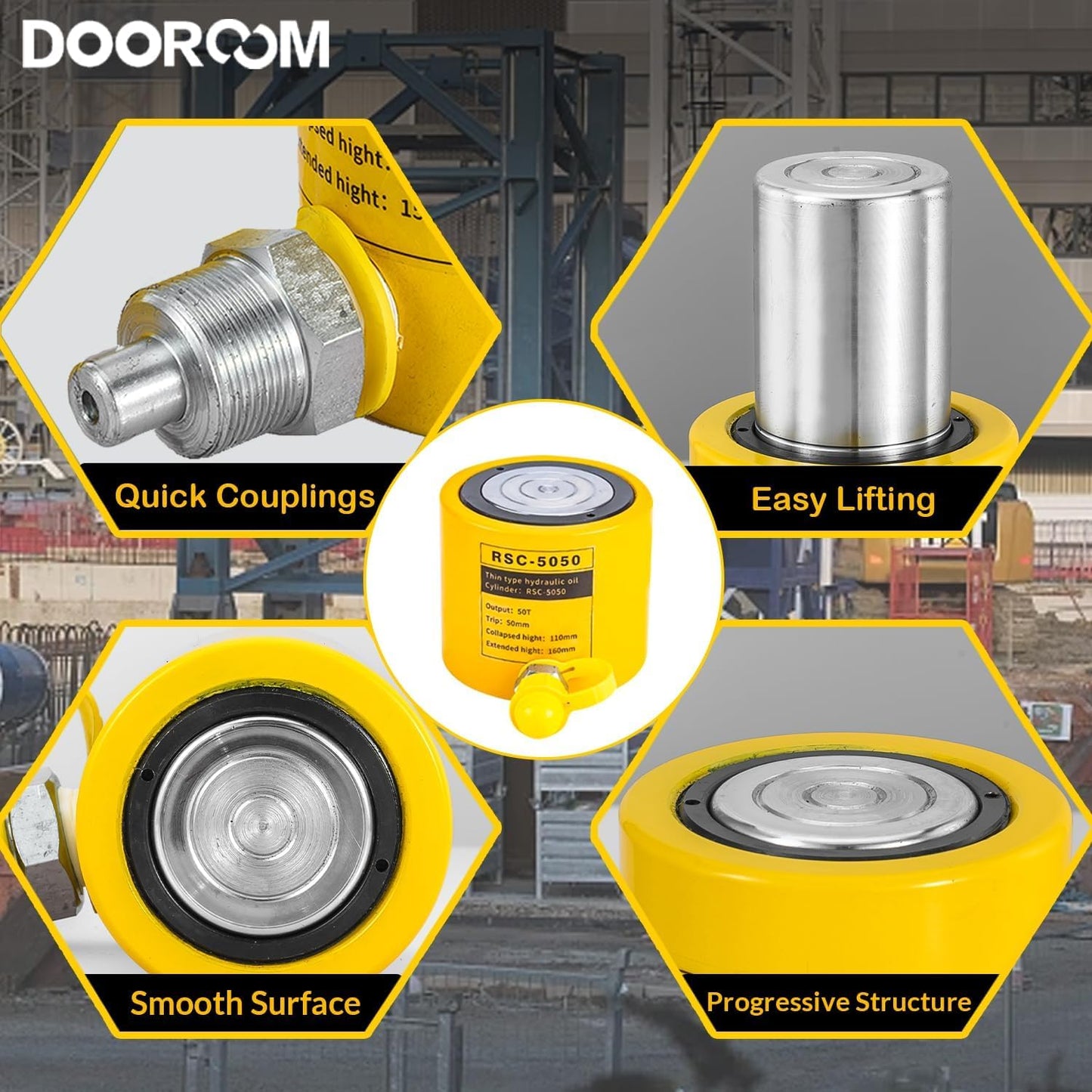 DOOROOM 50 Ton Hydraulic Cylinder Jack, 2' Stroke Hydraulic Ram, Porta Power Automatic Retracting Jack with CP-700, Yellow