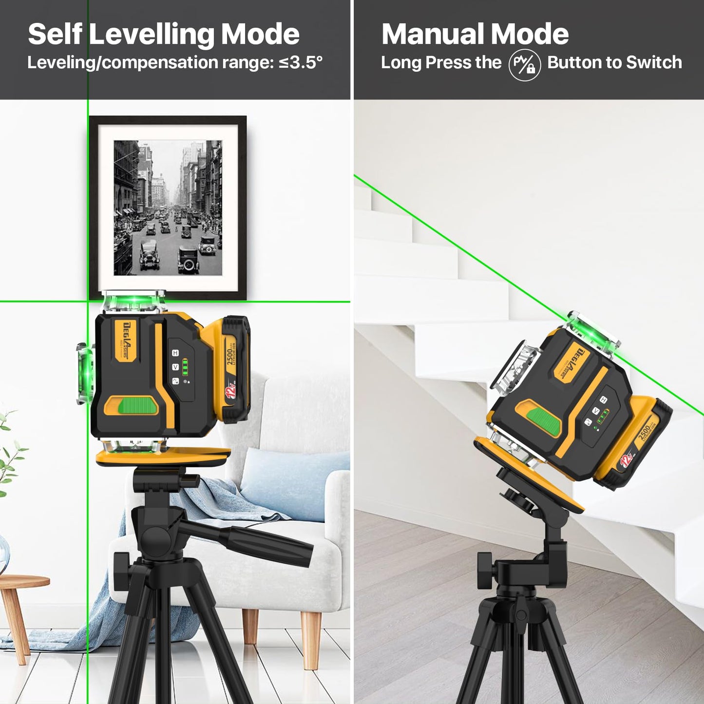 Laser Level 360 Self Leveling,DEGLASERS 4x360 Green Laser Level with 12V Rechargeable Battery(40 Hrs),Remote Control, Magnetic Rotating Stand,Hard Carry Case for Construction