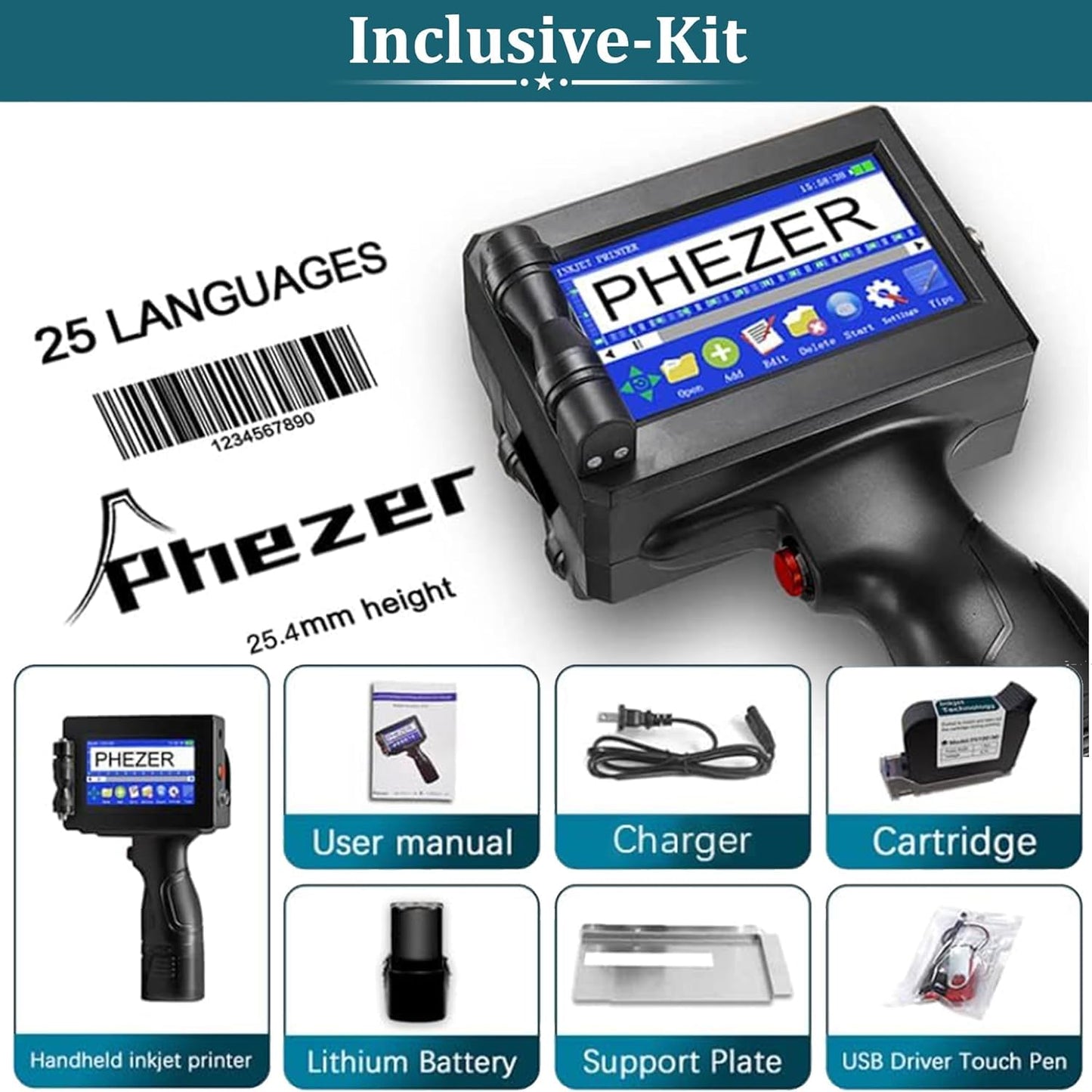 Phezer 1inch/25.4mm Handheld Inkjet Printer for Flat Surface P15-1 Model for QRCode Barcode Production Date Time Logo Batch Number Print On Glass Bag Carton Box Wood Cloth Plastic Cable (25 Languages)