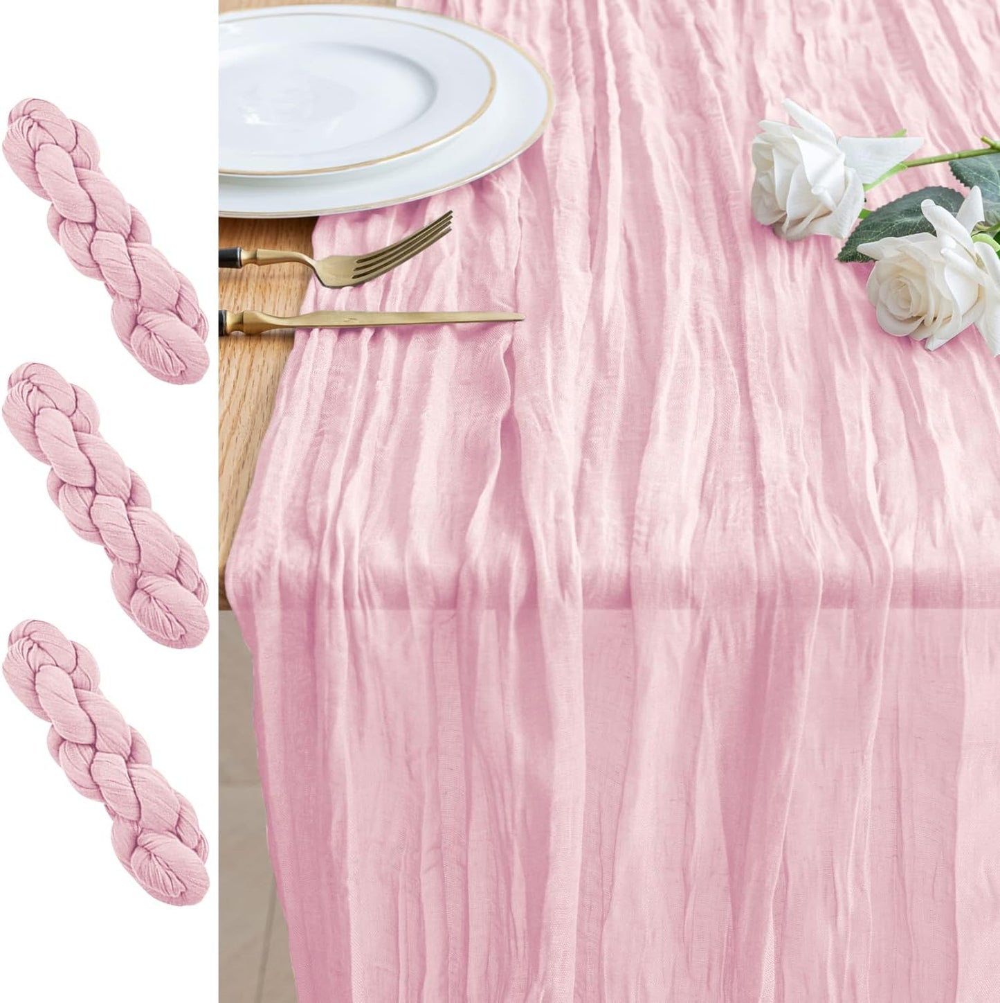 Skiennix 3PCS Table Runner Set - Blushing Pink Boho Gauze Cheesecloth for Summer Weddings & Parties