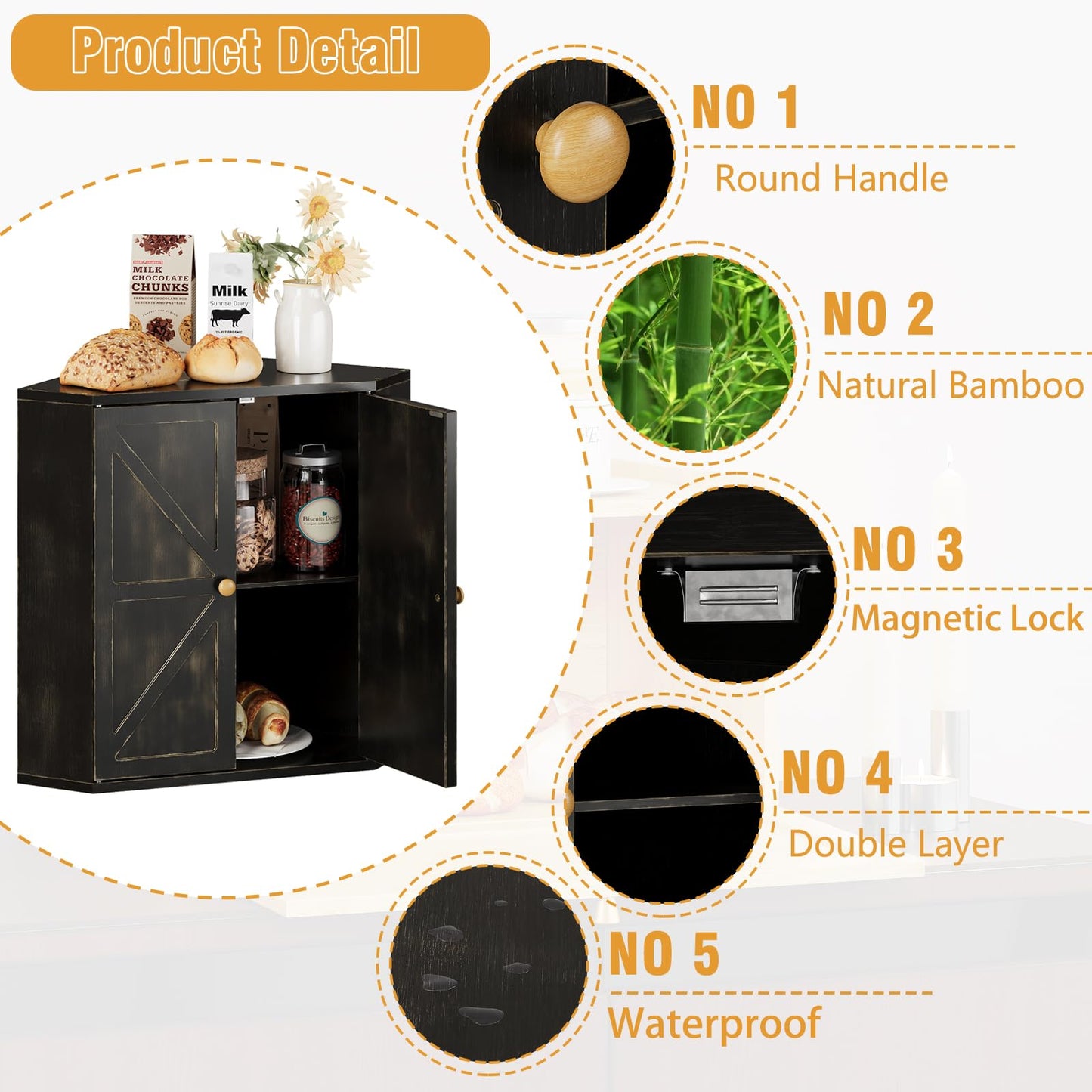 Trironsun Corner Bread Box for Kitchen Counter Double Layer Bamboo Bread Storage Container Large Capacity Bread Storage Bin Farmhouse Breadbox Organizer (Antique Black)