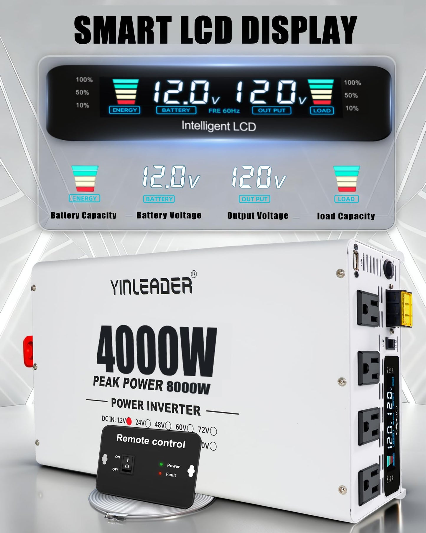4000W Power Inverter 12V to 110V/120V, Solar Inverter Remote for RV Camping Off-Grid Solar Inverter Systems