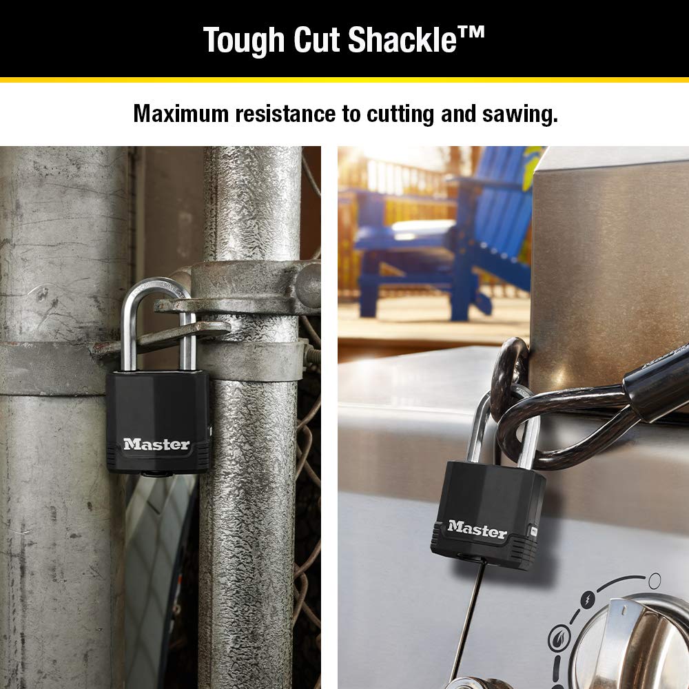 Master Lock Black Key Lock, Heavy Duty Weather Resistant Padlock with Cover, Keyed Alike Padlocks for Outdoor Use, 4 Pack, M115XQLF
