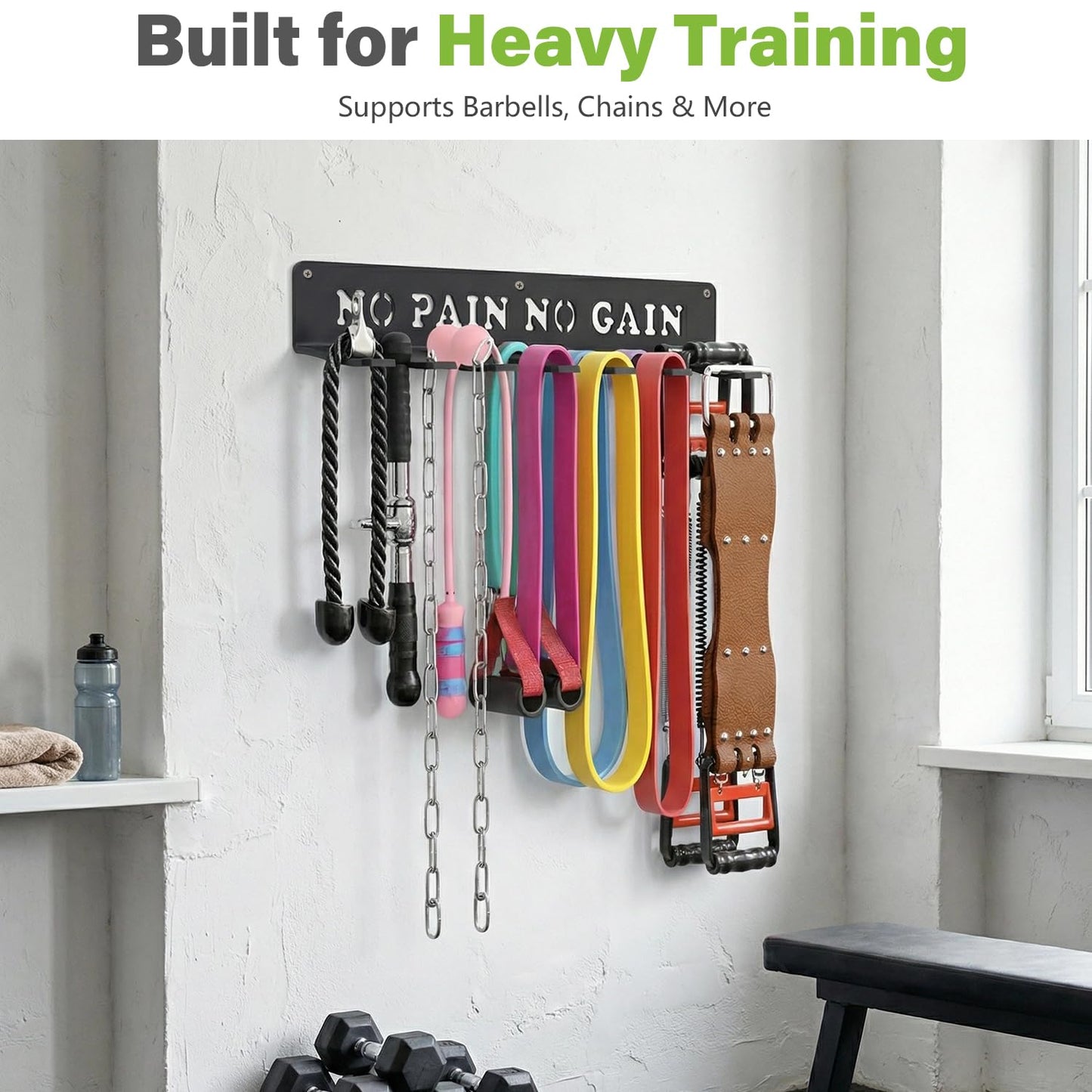 WIPHANY Home Gym Accessories Organization Storage Rack Equipment For Home 8 Hook Wall Hanger Display Gear Barbells Resistance Bands Jump Ropes Lifting Belt Hanger Accessories Hardware Included