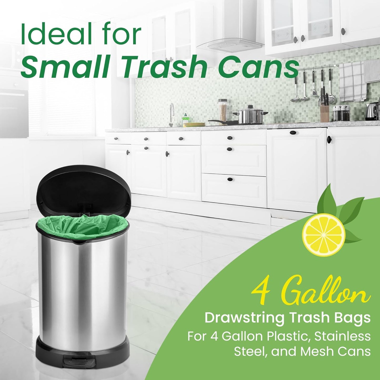 Reli. 4 Gallon Trash Bags - Citrus Scented Drawstring Liners | 100 Count for Small Trash Cans