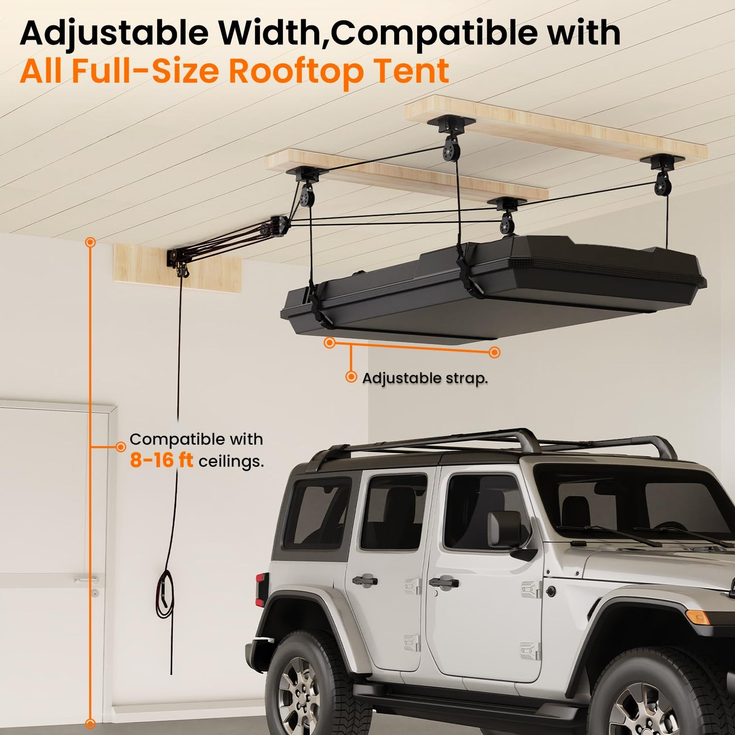 Pacikwest Garage Ceiling Storage Lift System Roof Top Tent Hoist, Heavy Duty Overhead Pulley System for Garage Storage Rack, 4-Point Lift 250lb Capacity, Adjustable Straps Fits 8-16ft Ceiling