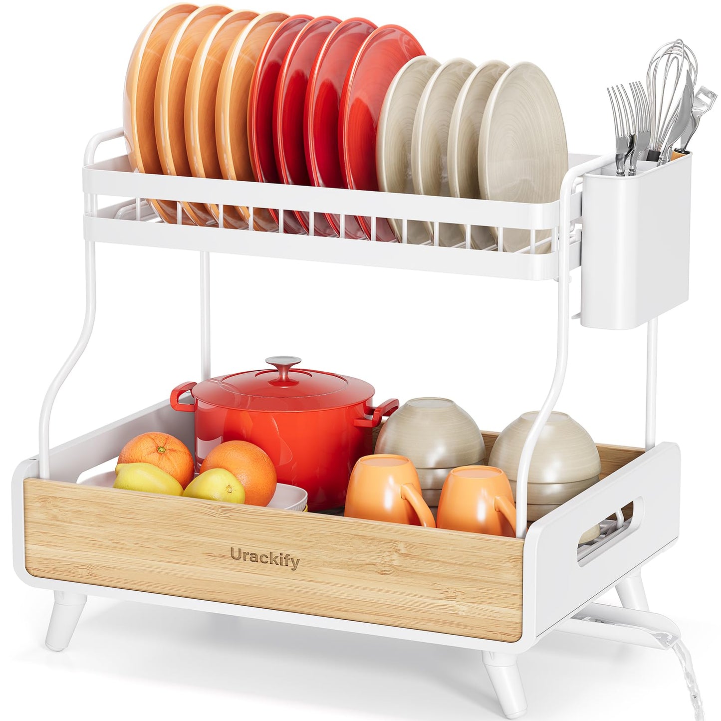 Urackify 2-Tier Dish Drying Rack, Large Stainless Steel & Bamboo Dish Rack for Kitchen Counter, Dish Drainers with Adjustable Automatic Spout, Drying Rack Kitchen with Utensil Holder, White