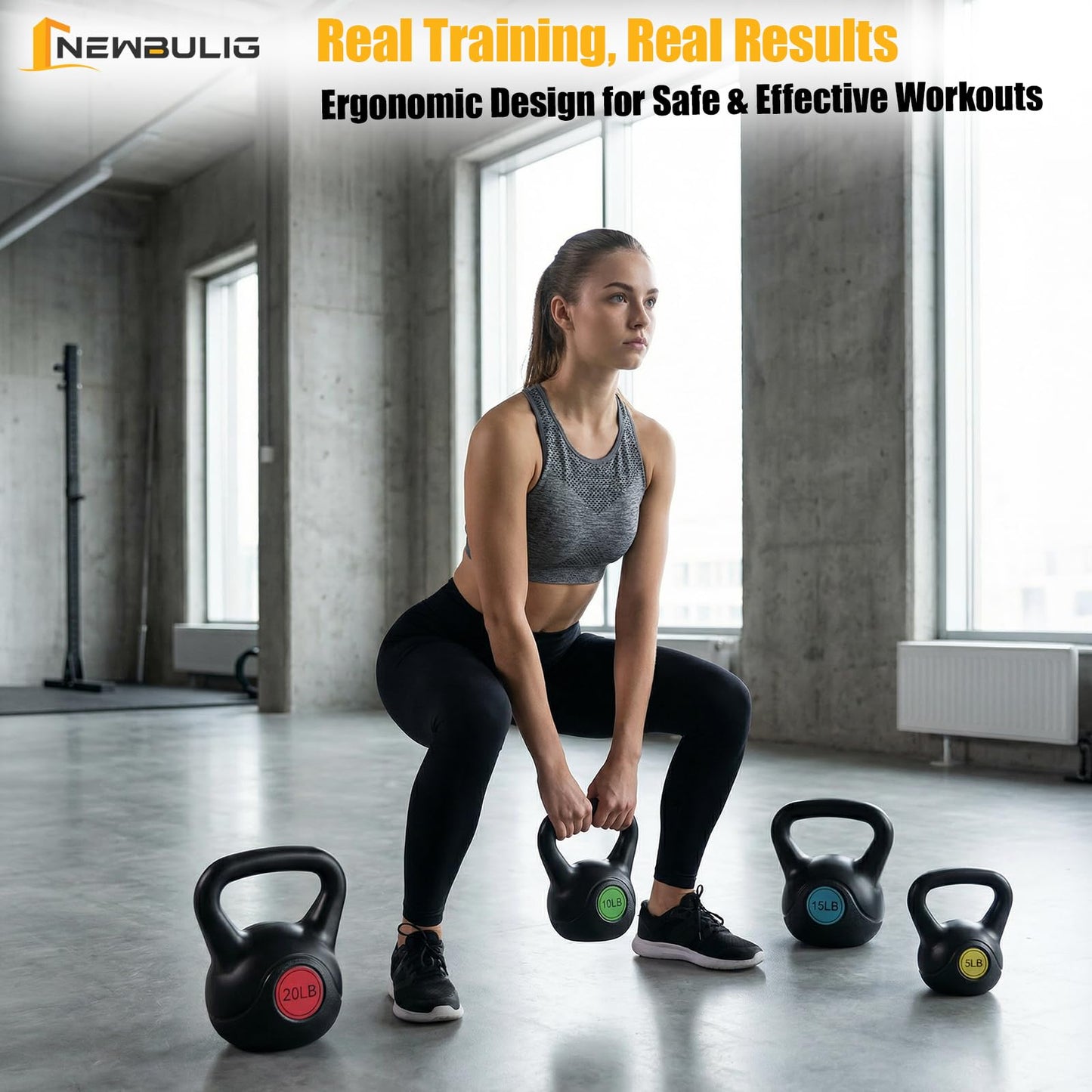 NEWBULIG Hard Kettlebell Set, Strength Training Kettlebells, Fitness Equipment, Durable Concrete Core, HDPE Shell, Multi-Level Workout Equipment for Home Gym & Outdoor, 5 lb, 10 lb, 15 lb & 20 lb