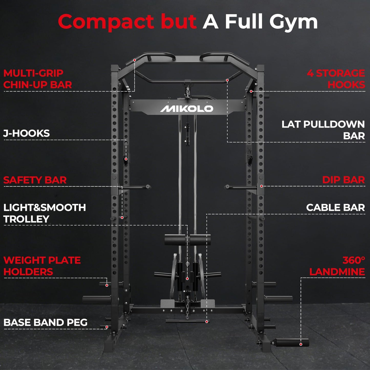 Mikolo F4 2.0 Power Cage with Dual-Track Smooth Pulley System, 1200LBS Power Rack with Leg Hold-Down for Heavy LAT Pulldowns, All-in-One Squat Rack with More Training Attachments for Home Gym (Black)