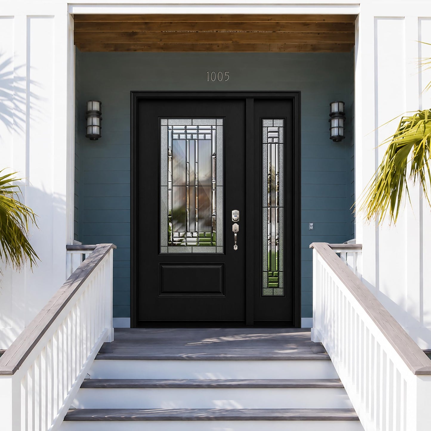 53x80in Fiberglass Front Entry Door with 14in Sidelight, Black Exterior Door for Home, Left-Hand Inswing, Textured Finished with Decorative Glass Knock-Down Door, Vinyl Frame and Brickmould Included