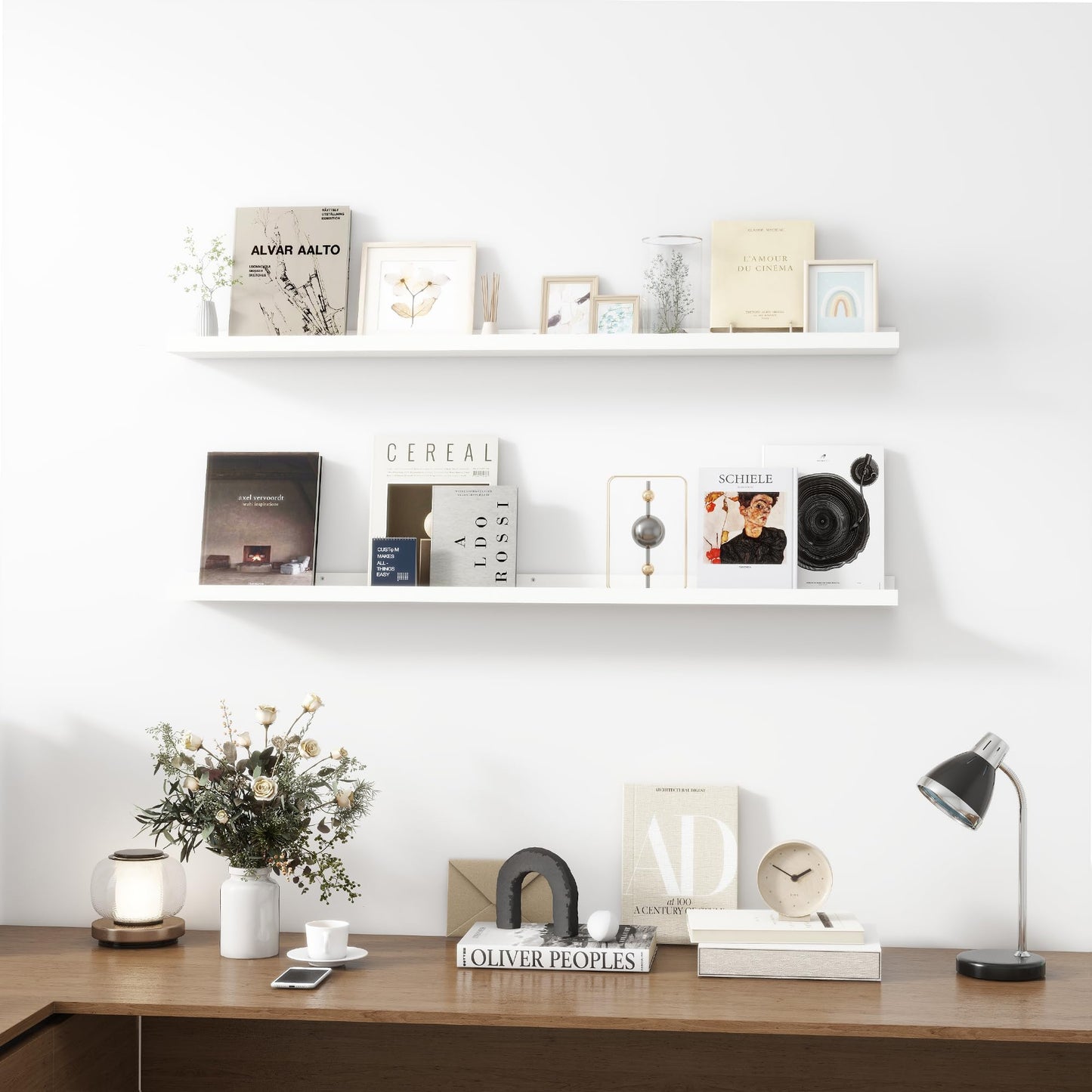 Acovy Picture Ledge Shelf, Wood Long Floating Shelves for Wall, Set of 2, 48 inch Picture Ledge Shelves, Photo Ledge Nursery Book Shelves Wall Mounted for Living Room Kids' Room Bedroom, Color White