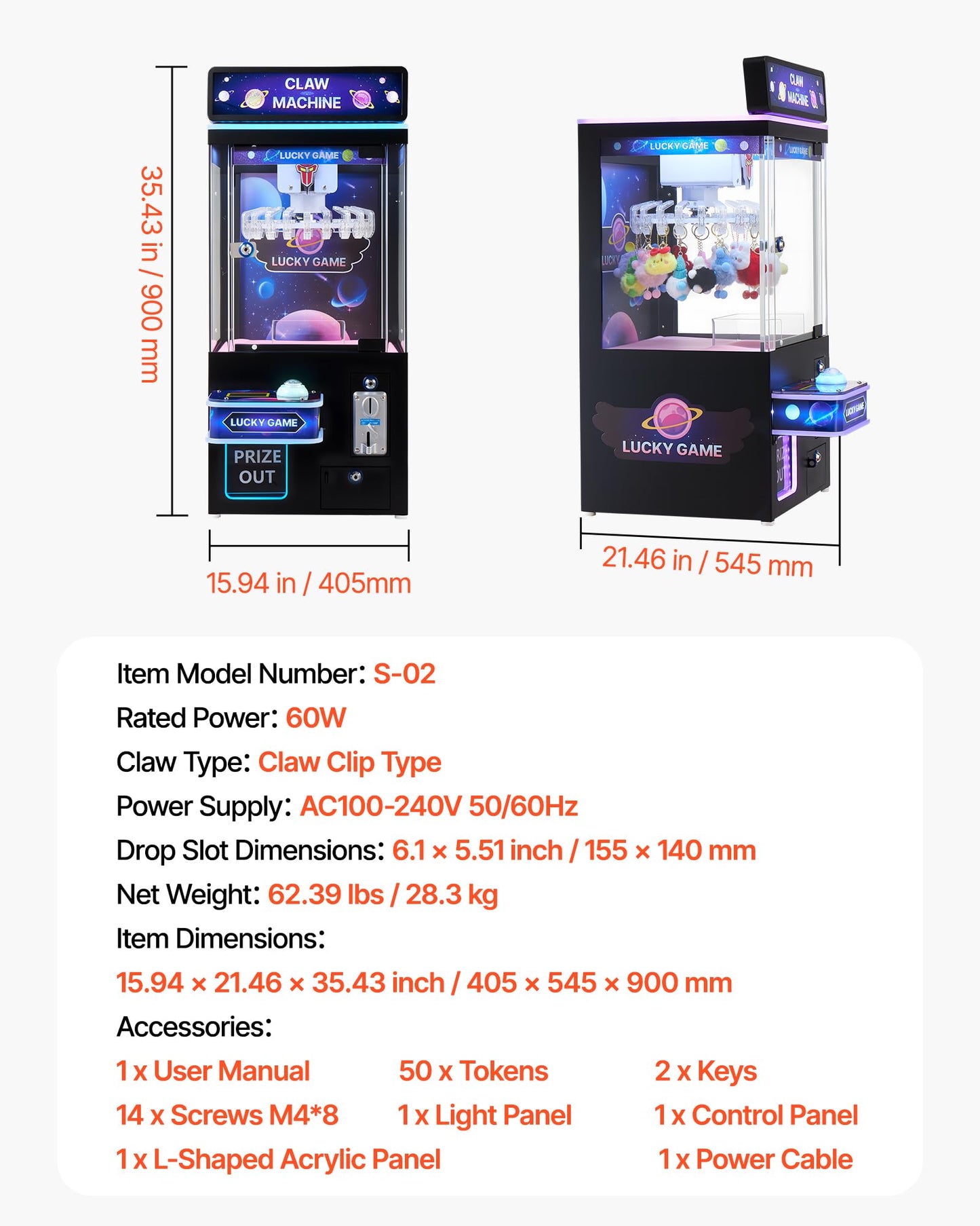 VEVOR Claw Crane Machine, Medium-Sized Arcade Game Machine with Light & Sound, Adjustable Difficulty, Precise Toy Candy Grabber Prize Dispenser Vending Toy, for Commercial Home Cinema, Black Purple