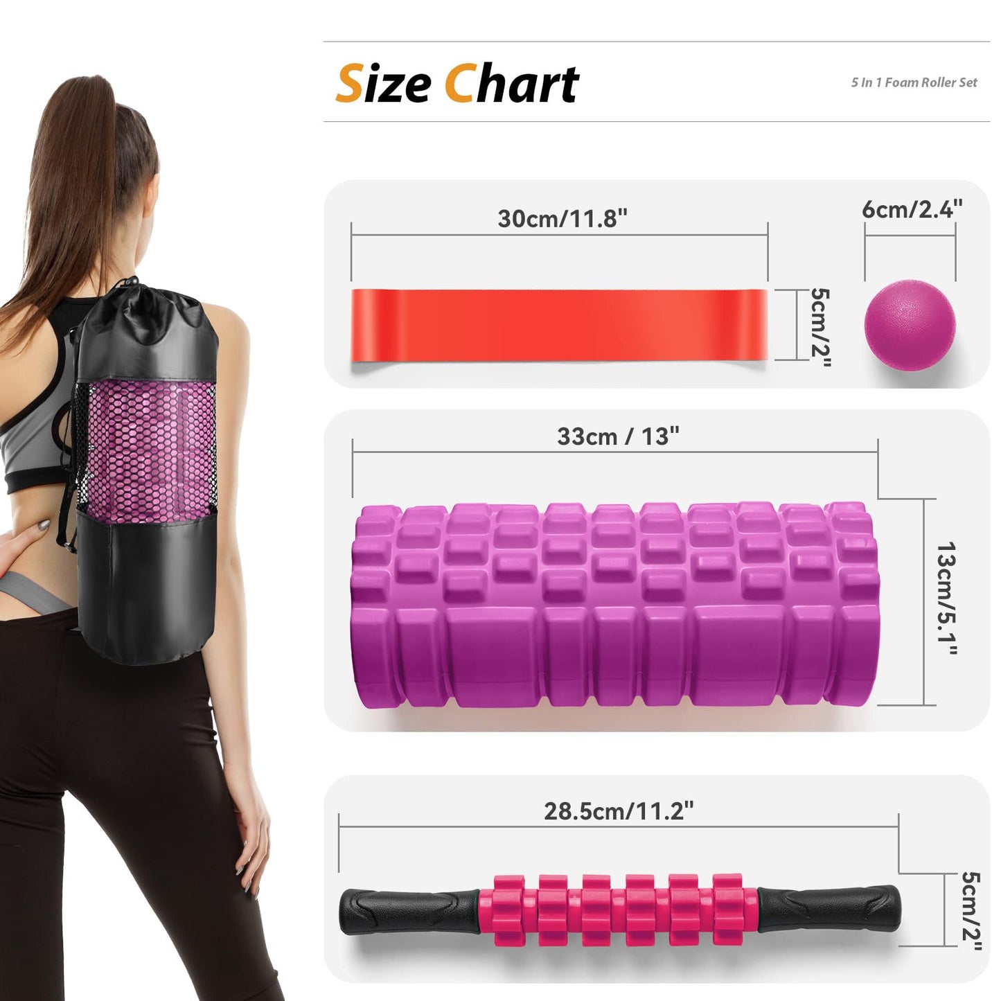 5 in 1 Foam Roller Set for Deep Tissue Muscle Massage, High Density Fitness Exercise Foam Roller, Massage Roller, Massage Ball, Resistance Band, for Whole Body (Pink-Black)