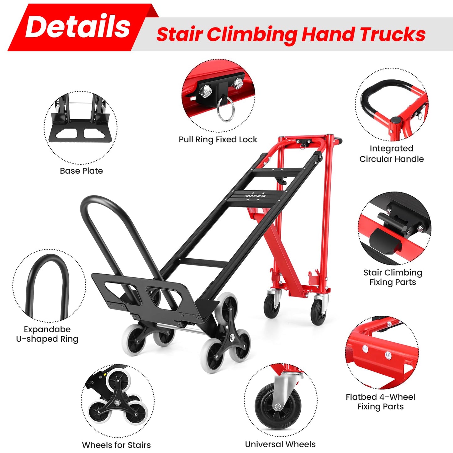 Heavy Duty 1000LBS Stair Climbing Dolly, 3 in 1 Convertible Hand Truck, Folding Hand Truck Dolly Cart with Solid Wheels for Moving/Travel/Office (Red)