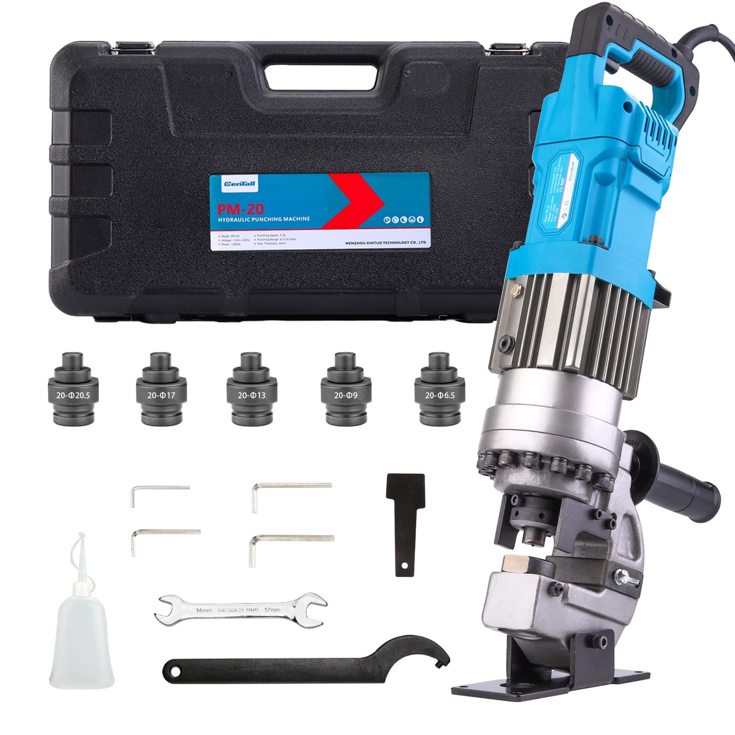 CENTALL 1300W Electric Hydraulic Hole Puncher Φ1/4"-4/5" Hydraulic Punching Machine Punching Tool Portable Punch Machine with 5 Dies for Iron Copper Aluminum Plate Angle Steel PM20 (Blue)