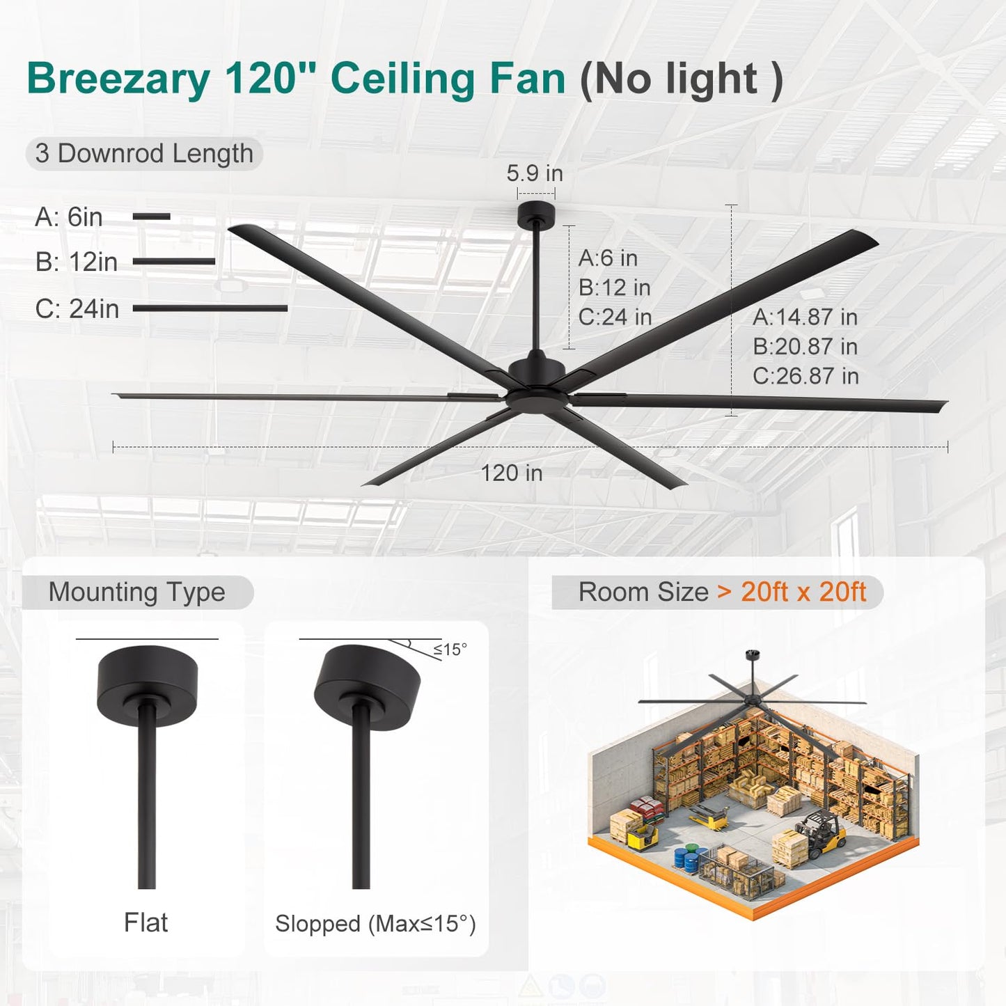 Breezary 120 Inch Ceiling Fan No Lights Extra Large HVLS 10ft Industrial Black Ceiling Fan without Light for High Ceiling Ultra-Quiet DC Motor 6 Aluminum Blades for Commercial Use Garage Warehouse Gym