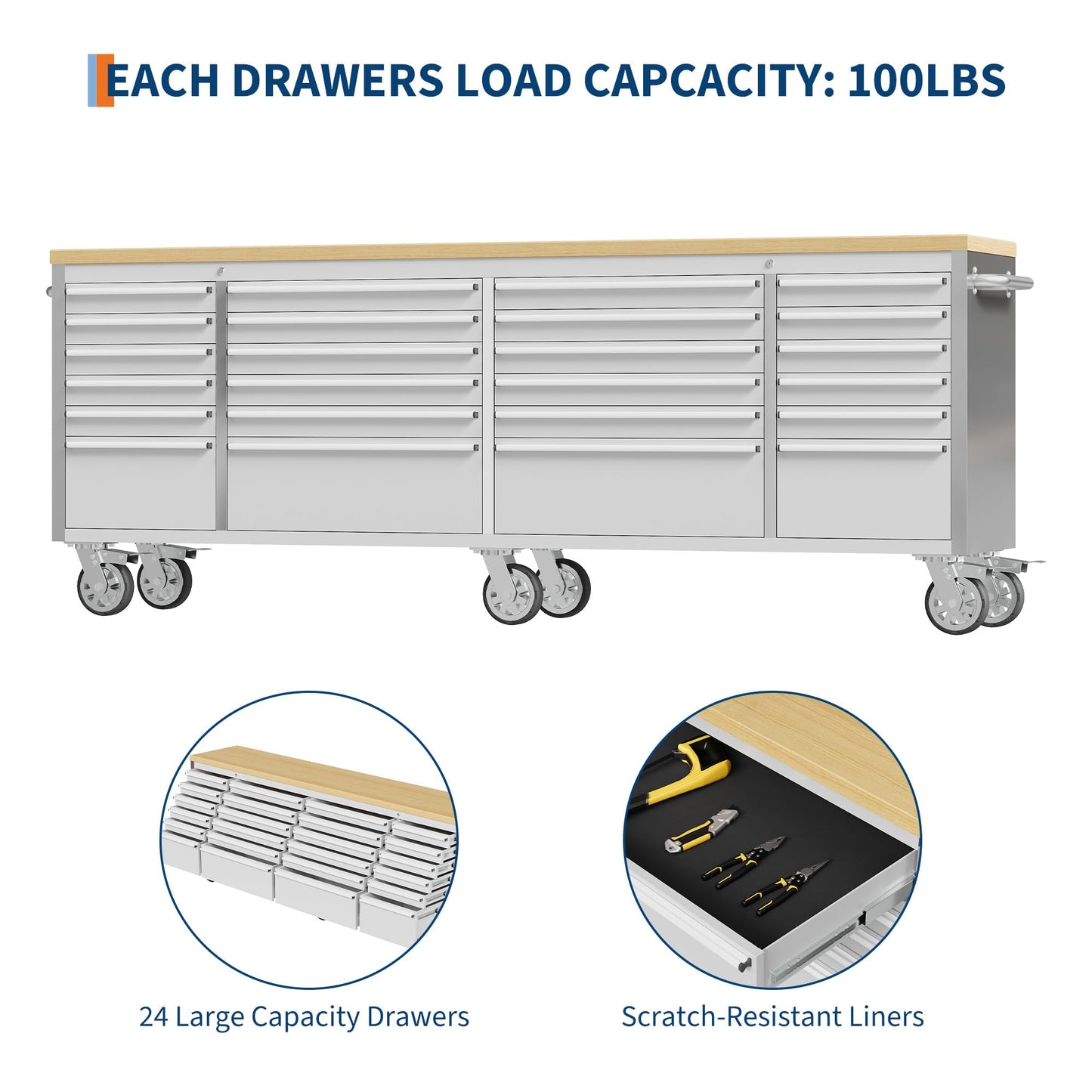 IDEALHOUSE 96 inch Rolling Tool Chest, Garage Workbench with 24 Drawers, Solid Rubber Wood Top & with Wheels Lock Key Locking, Mobile Workstation Tool Cabinet for Workshop Storage