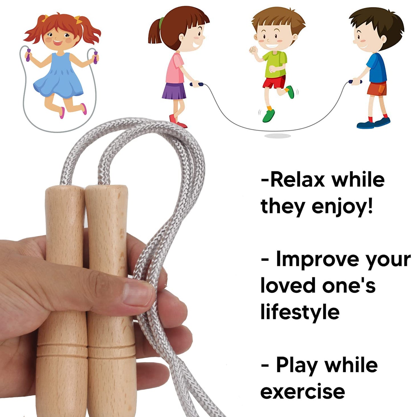 Jump Rope Kids,8.5ft Adjustable Cotton Skipping Rope with Wooden Handle for Boys and Girls Fitness Outdoor Exercise (Silver)