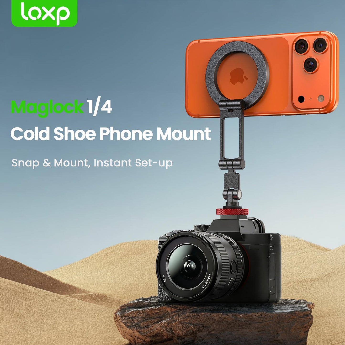 LOXP Magnetic Phone Tripod Mount with Cold Shoe, Adjustable Aluminum Alloy Phone Mount, Phone Tripod Holder Adapter with 1/4" Screw, Camera Mount for iPhone 17/16/15/14/13/12 Series