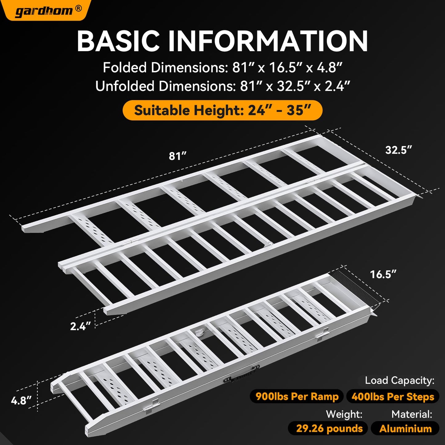 gardhom Aluminium Motorcycle Ramp with Steps, 900 LBS Capacity Folding Dirt Bike Ramp for Pickup Trucks, Portable Loading Ramps for Motorcycle, Dirtbike, Bike
