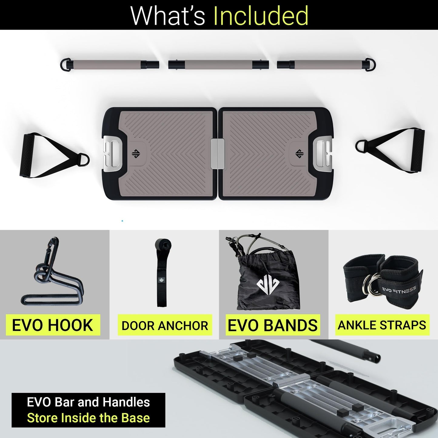 EVO Gym - Portable Home Gym Strength Training Equipment, At Home Gym | All in One Gym - 8 Resistance Bands, Base Holds Gym Bar & Handles for Travel | Portable Gym & Home Exercise Equipment | 220LBS