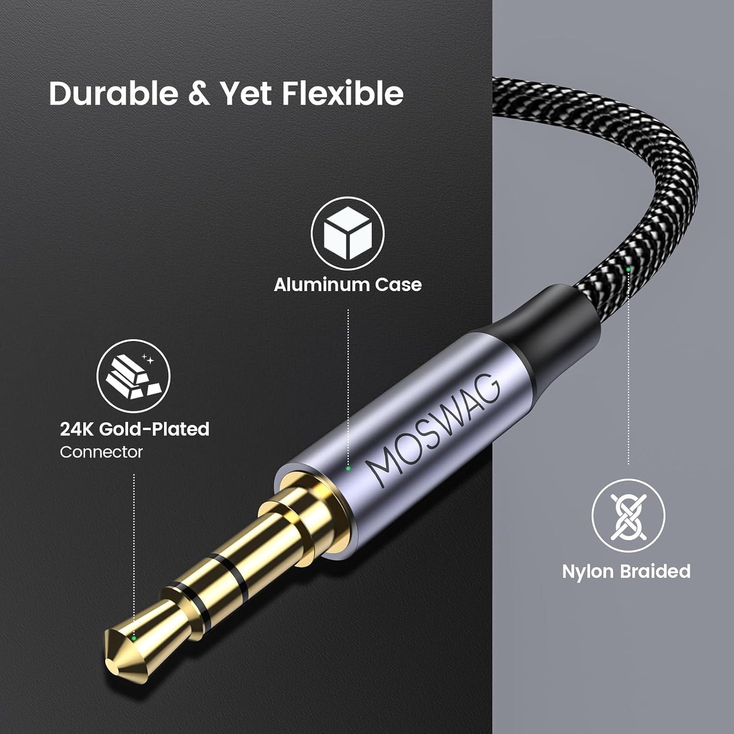 10FT/3Meter 3.5mm MOSWAG Extension Cable Audio Male to Female Stereo Extension Adapter Nylon Braided Cord Compatible